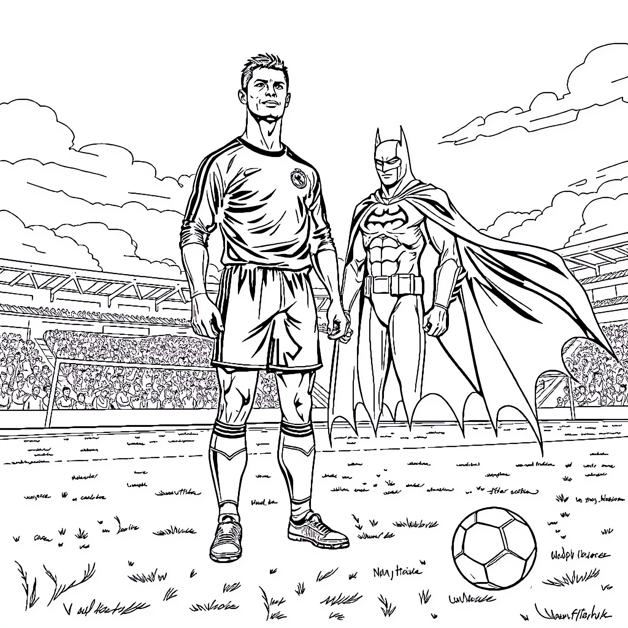 Cristiano Ronaldo and Batman on the Soccer Field Coloring Page (free black-and-white line drawing printable PDF for all, from beginners to advanced learners, including children, teens, adults, and seniors)