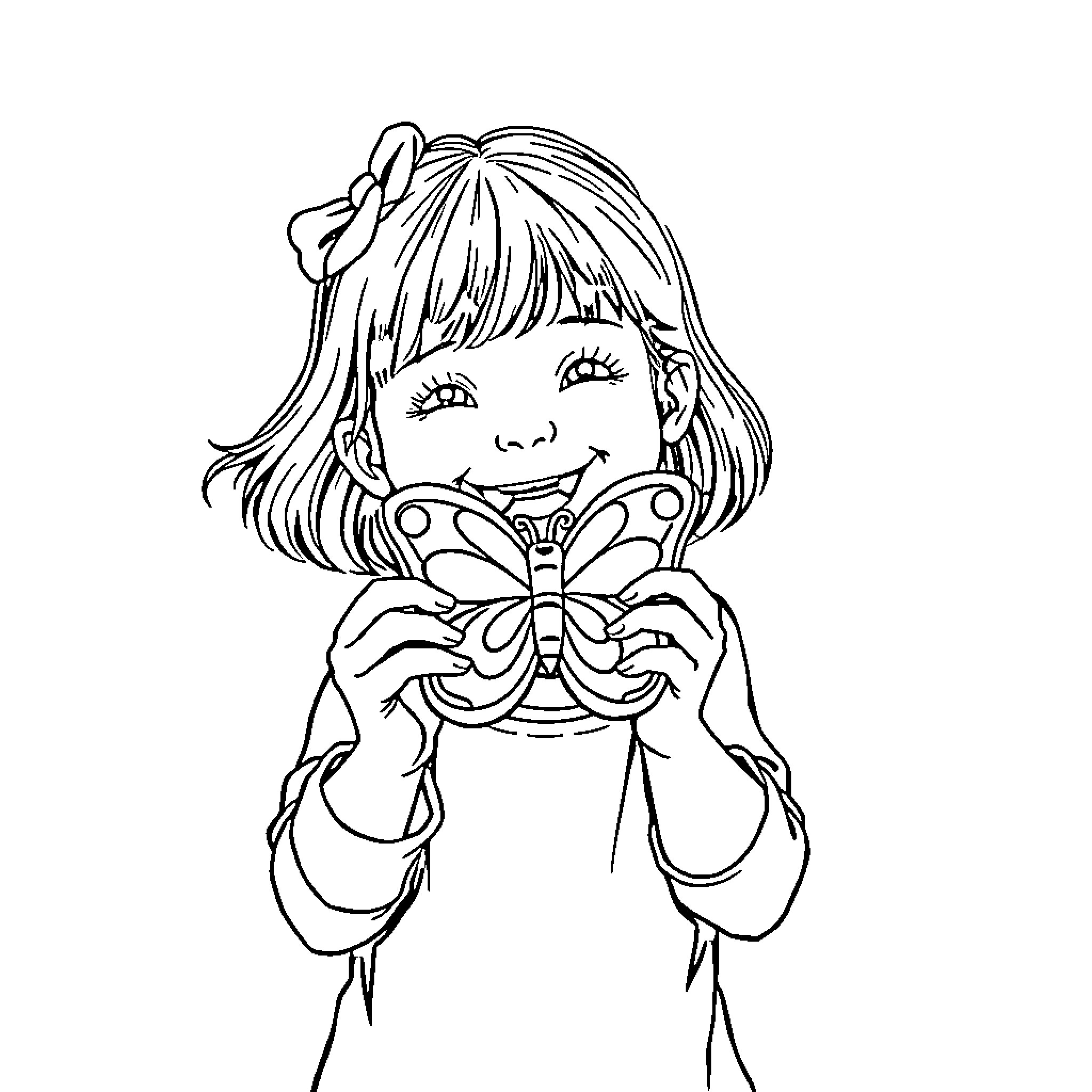 Girl holding a colorful butterfly Coloring Page (free black-and-white line drawing printable PDF for all, from beginners to advanced learners, including children, teens, adults, and seniors)