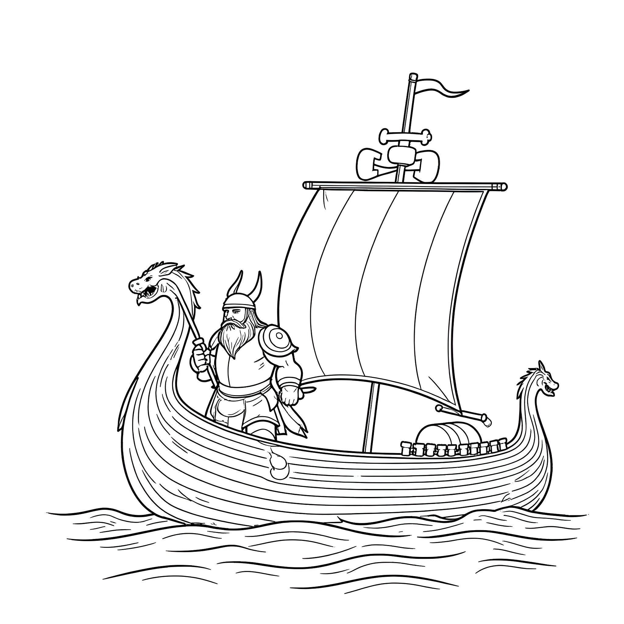Viking warriors sailing in a longship Coloring Page (free black-and-white line drawing printable PDF for all, from beginners to advanced learners, including children, teens, adults, and seniors)