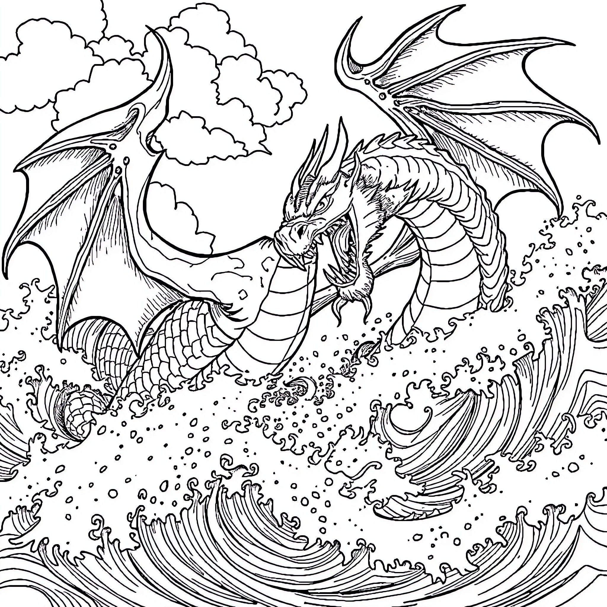 Dragon soaring through fierce waves and stormy skies Coloring Page (free black-and-white line drawing printable PDF for all, from beginners to advanced learners, including children, teens, adults, and seniors)