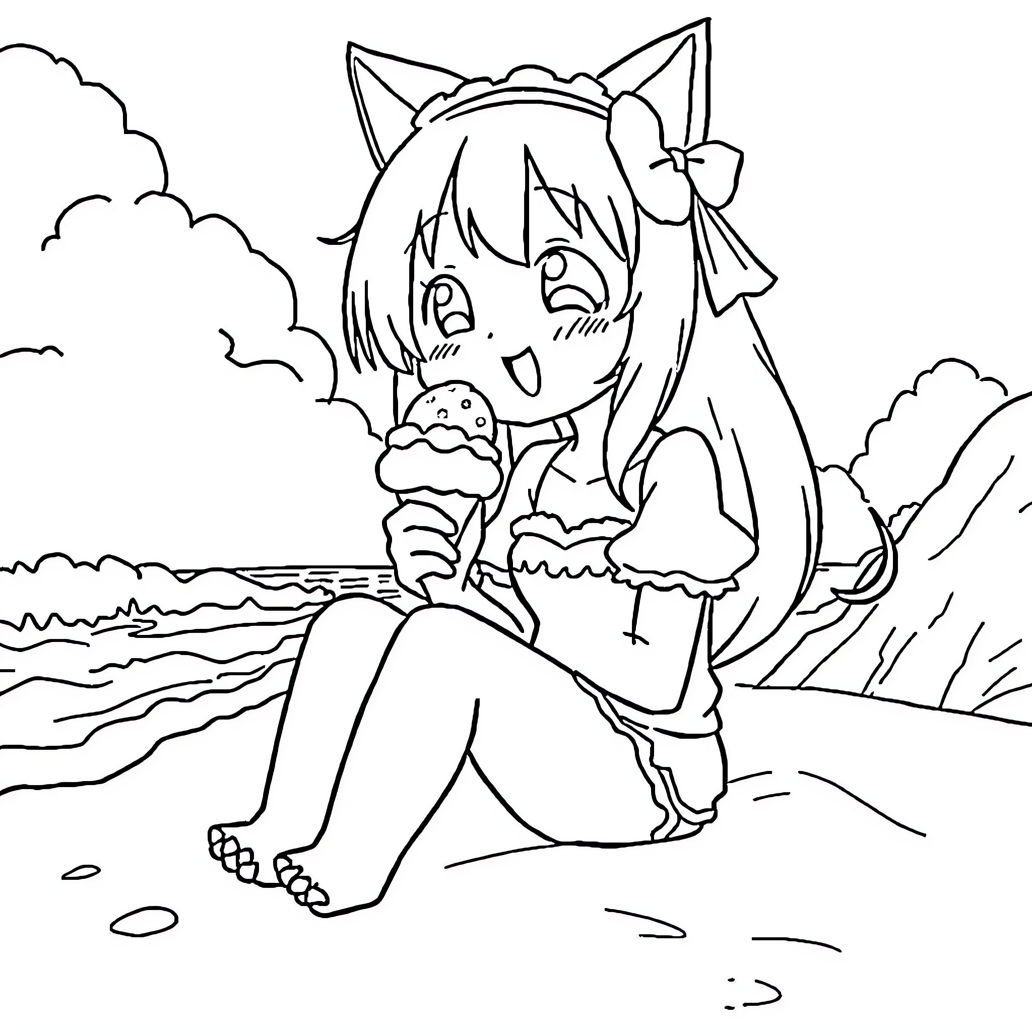 Kuromi enjoying an ice cream by the beach Coloring Page (free black-and-white line drawing printable PDF for all, from beginners to advanced learners, including children, teens, adults, and seniors)