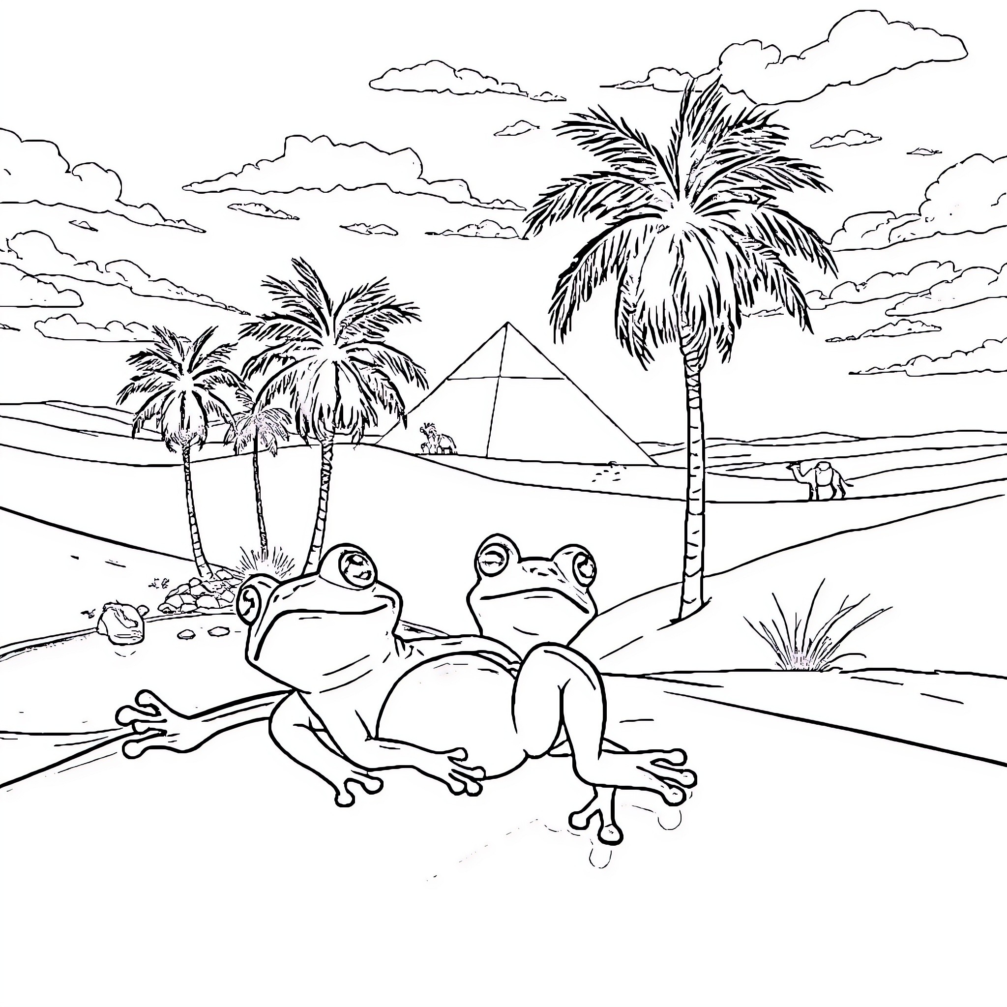 Pepe frogs enjoying tropical beach scenery Coloring Page (free black-and-white line drawing printable PDF for all, from beginners to advanced learners, including children, teens, adults, and seniors)
