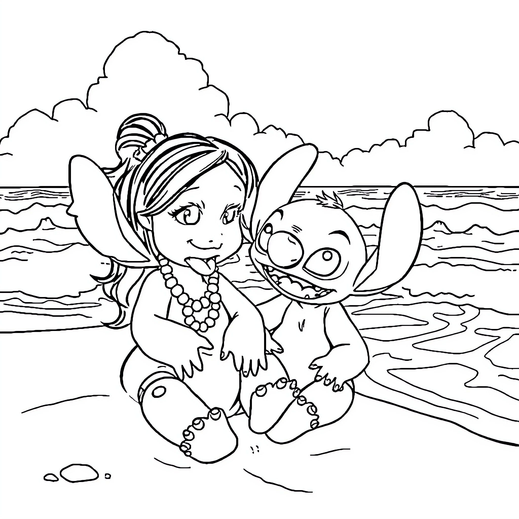 Lilo And Stitch Playing on the Beach Coloring Page (free black-and-white line drawing printable PDF for all, from beginners to advanced learners, including children, teens, adults, and seniors)