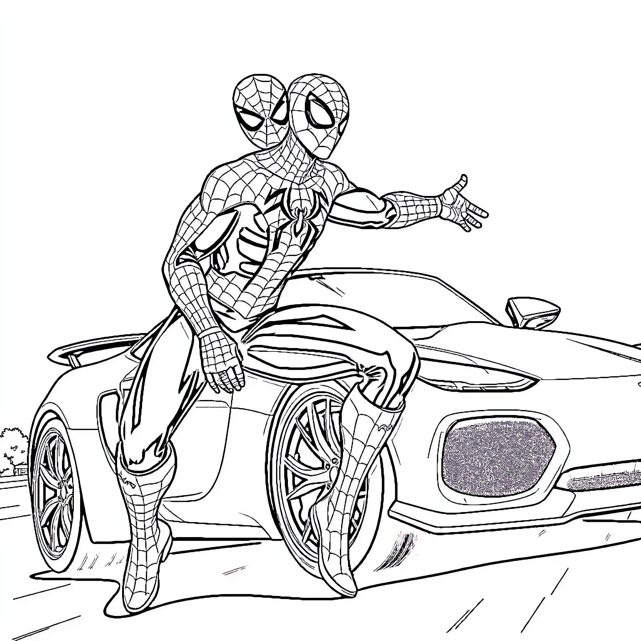 Spiderman riding a sports car on the street Coloring Page (free black-and-white line drawing printable PDF for all, from beginners to advanced learners, including children, teens, adults, and seniors)