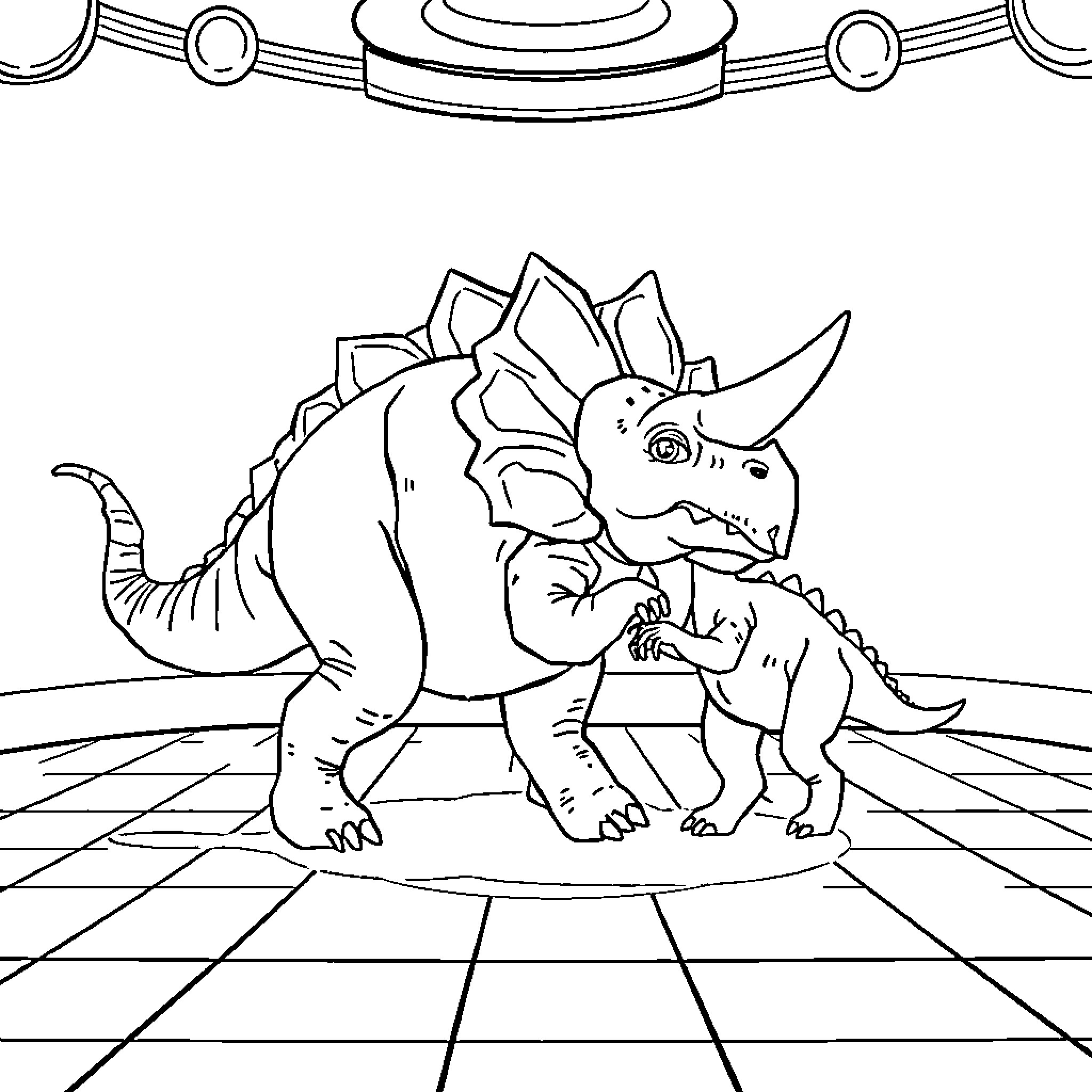 Triceratops exploring its environment Coloring Page (free black-and-white line drawing printable PDF for all, from beginners to advanced learners, including children, teens, adults, and seniors)