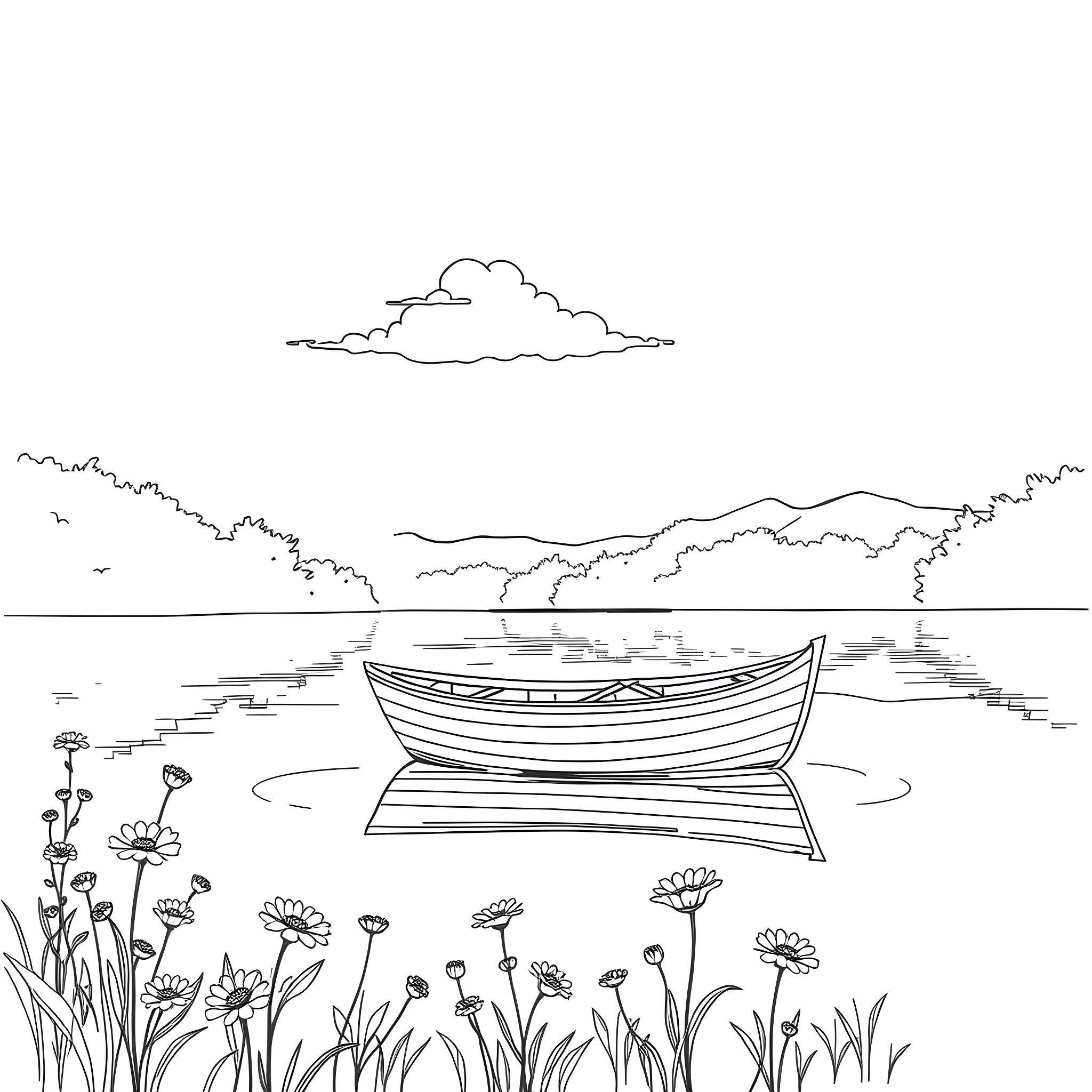 Rowboat floating on a serene lake with wildflowers Coloring Page (free black-and-white line drawing printable PDF for all, from beginners to advanced learners, including children, teens, adults, and seniors)