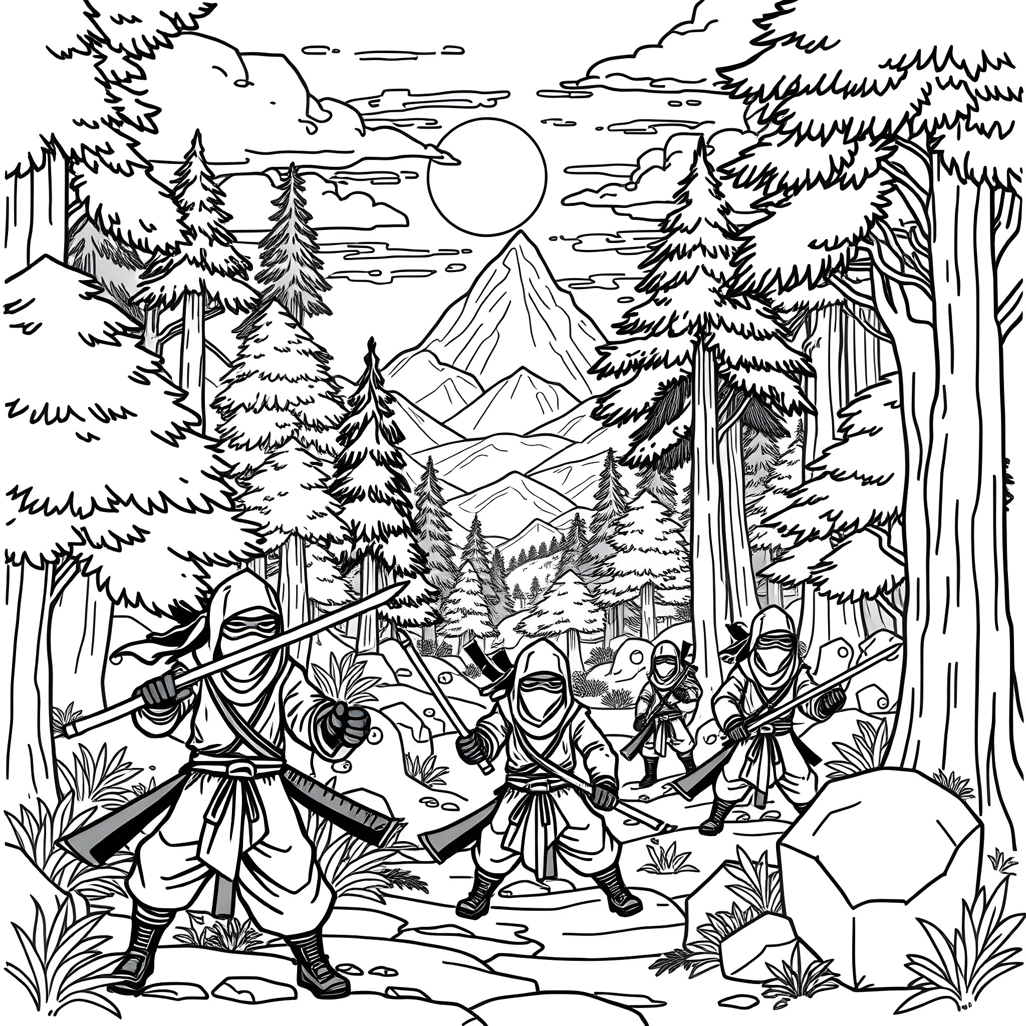 Ninja warriors training in the forest Coloring Page (free black-and-white line drawing printable PDF for all, from beginners to advanced learners, including children, teens, adults, and seniors)