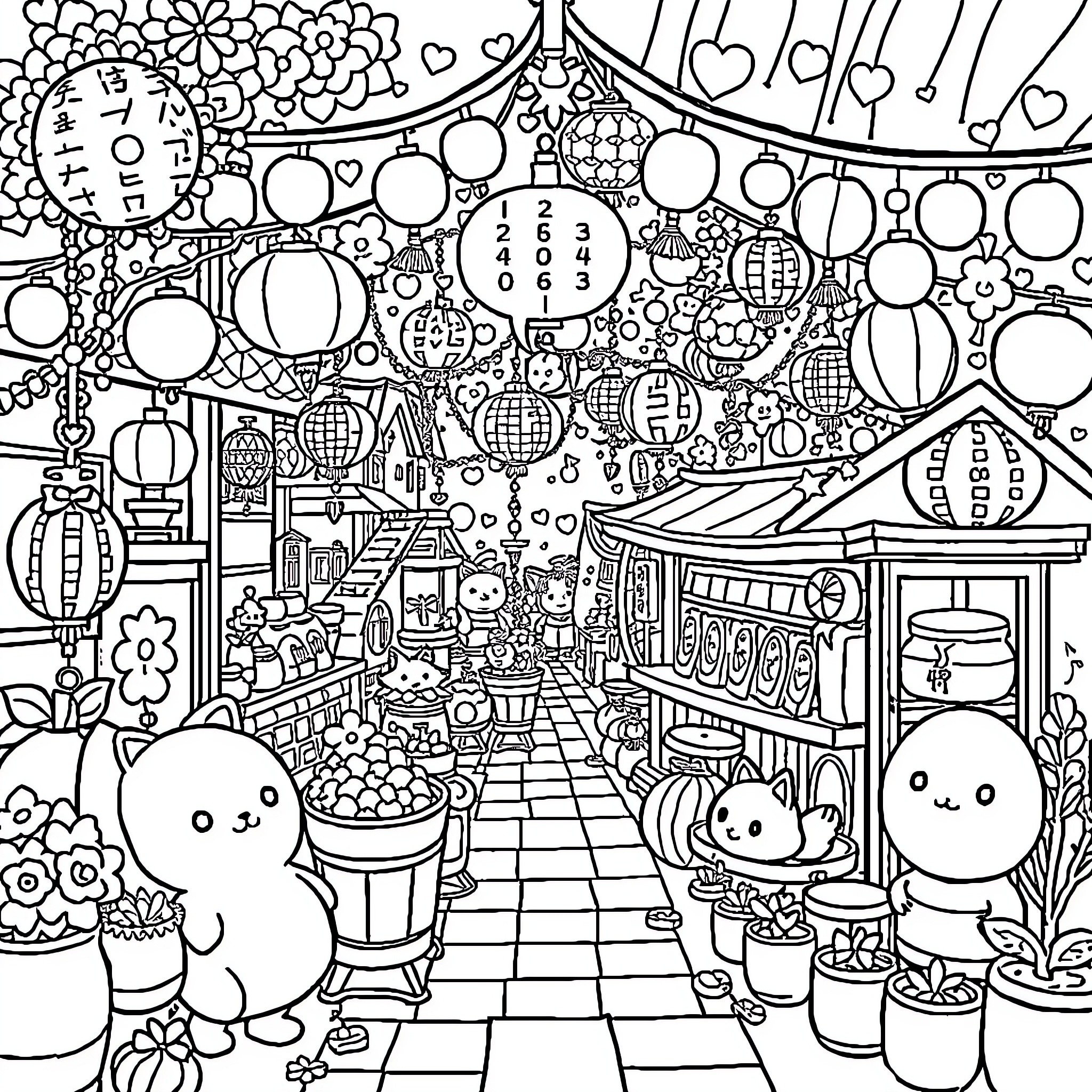 Japan Festival with Vibrant Decorations and Cute Characters Coloring Page (free black-and-white line drawing printable PDF for all, from beginners to advanced learners, including children, teens, adults, and seniors)