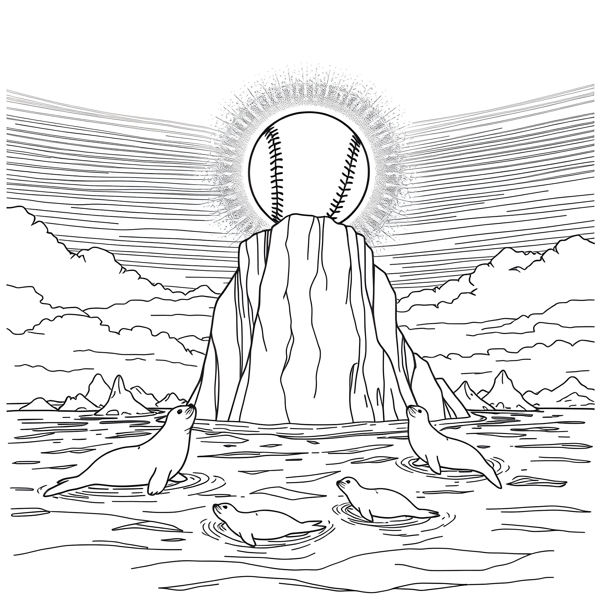 Baseball players in a fantastical landscape Coloring Page (free black-and-white line drawing printable PDF for all, from beginners to advanced learners, including children, teens, adults, and seniors)