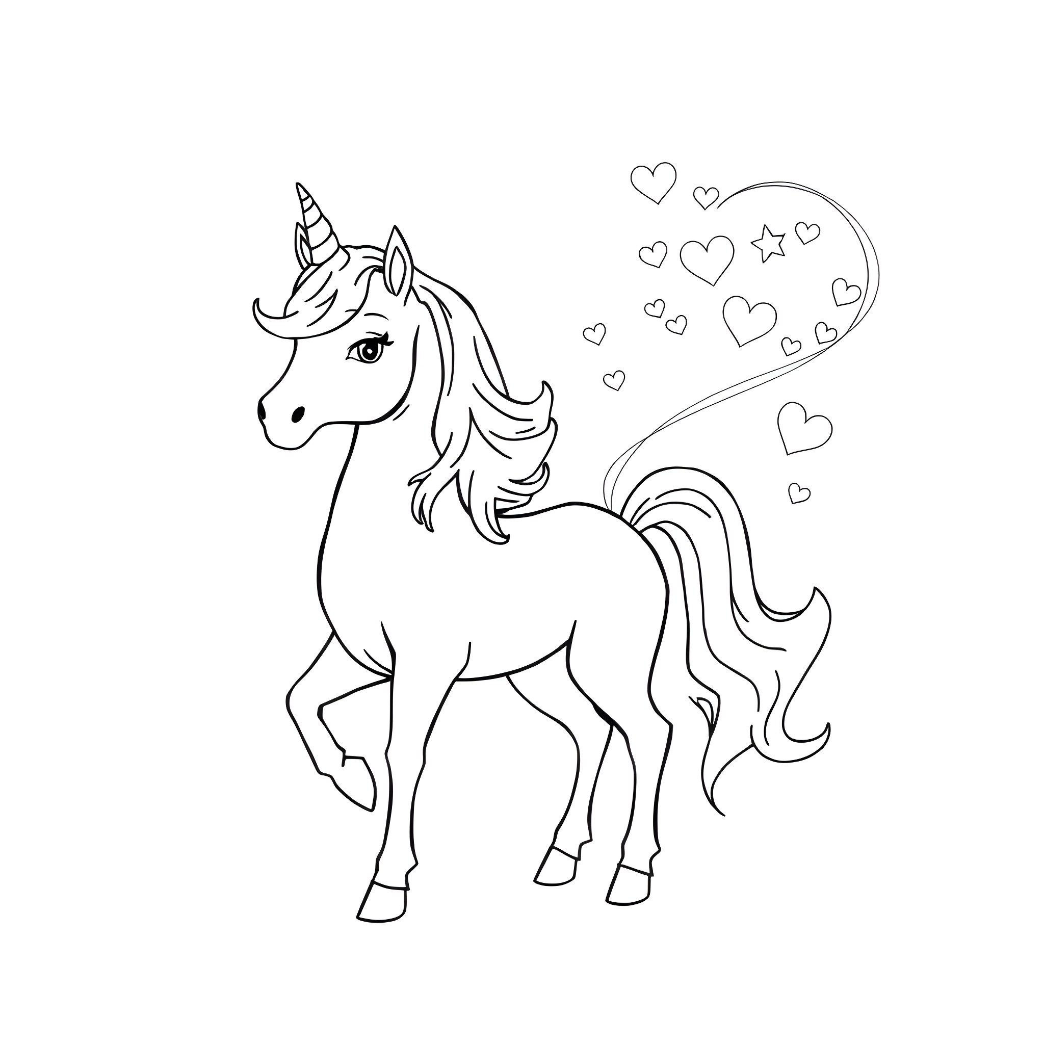 Unicorn dancing gracefully with hearts and stars Coloring Page (free black-and-white line drawing printable PDF for all, from beginners to advanced learners, including children, teens, adults, and seniors)
