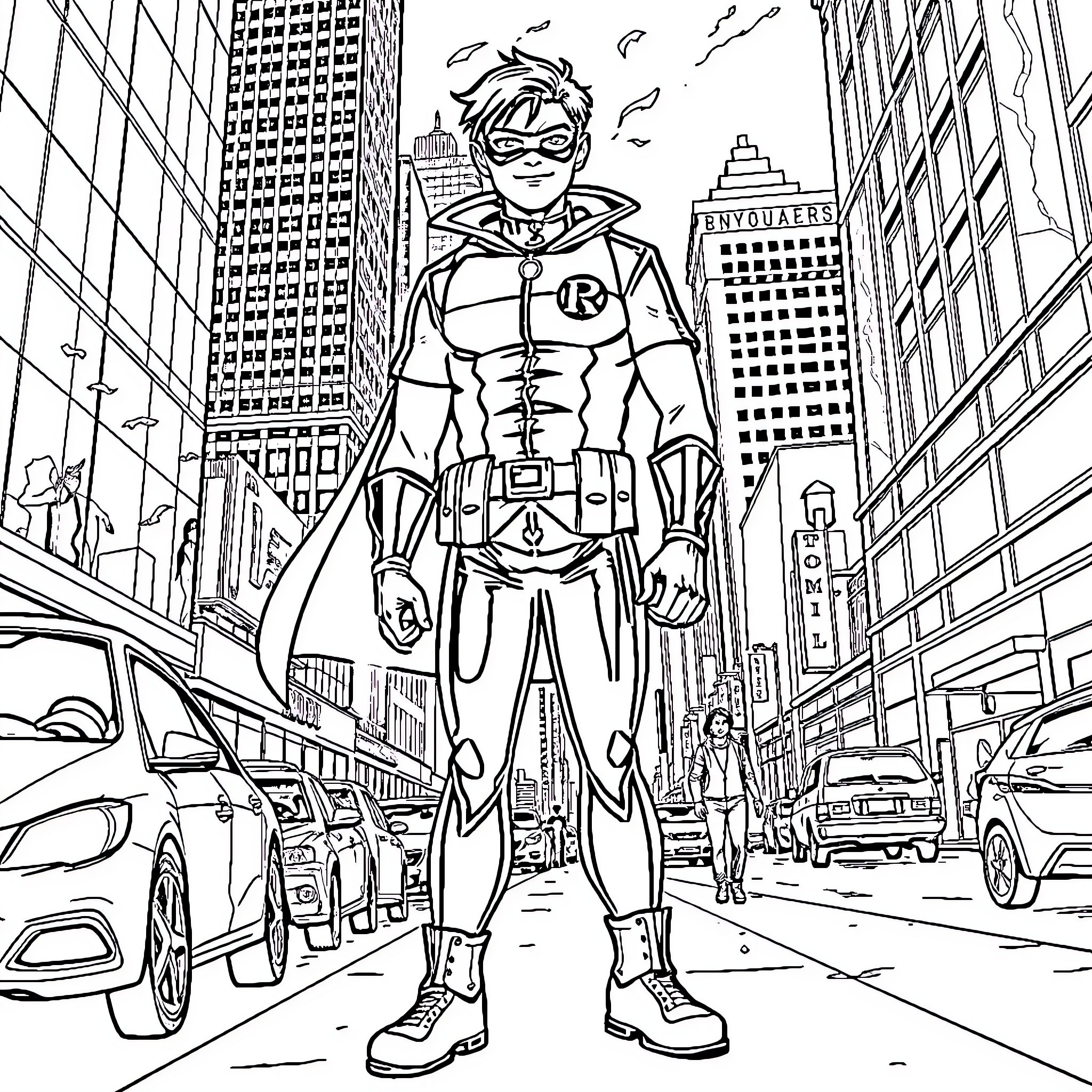 Damian Wayne in Heroic Pose on City Street Coloring Page (free black-and-white line drawing printable PDF for all, from beginners to advanced learners, including children, teens, adults, and seniors)