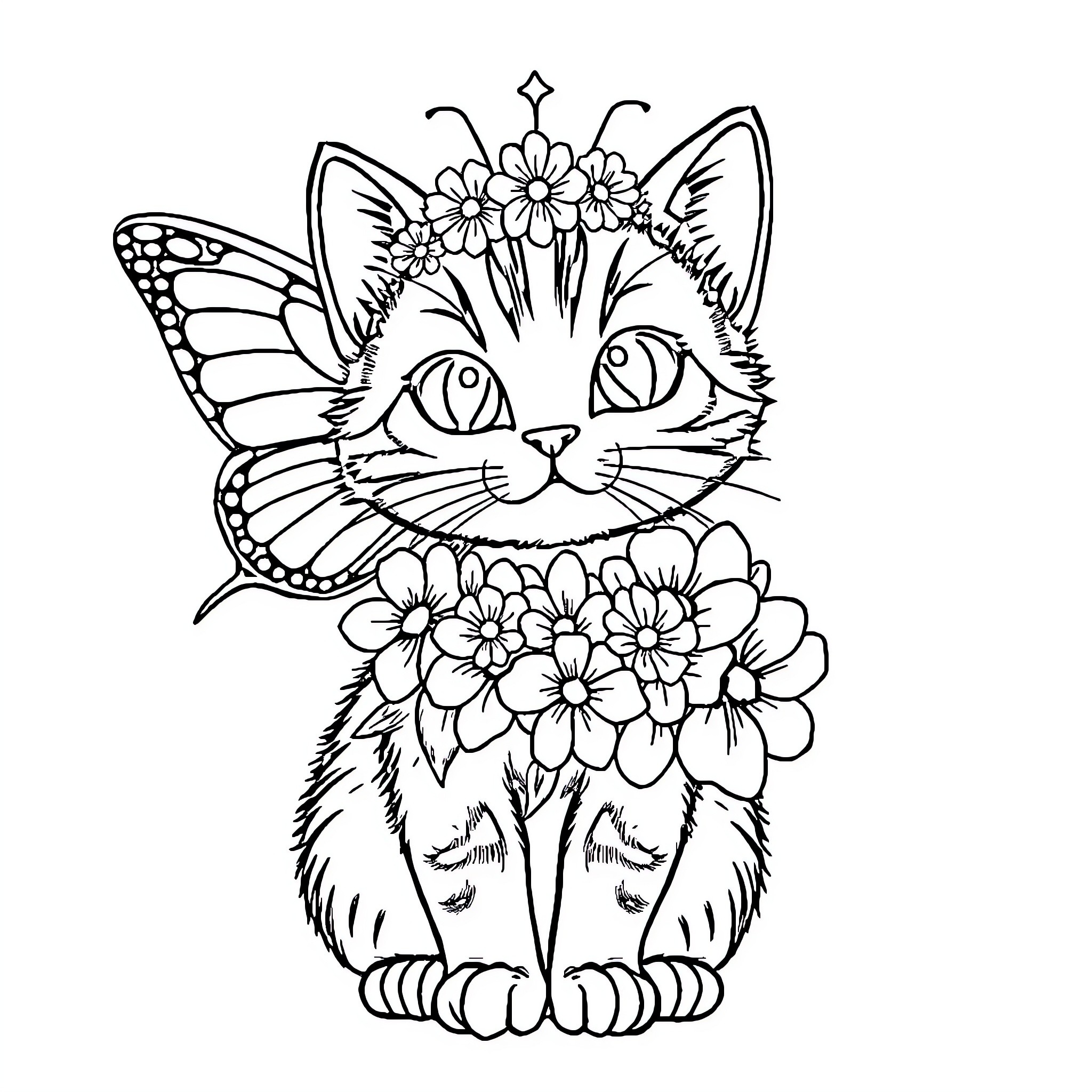 Chat with Floral Butterfly Cat Coloring Page (free black-and-white line drawing printable PDF for all, from beginners to advanced learners, including children, teens, adults, and seniors)