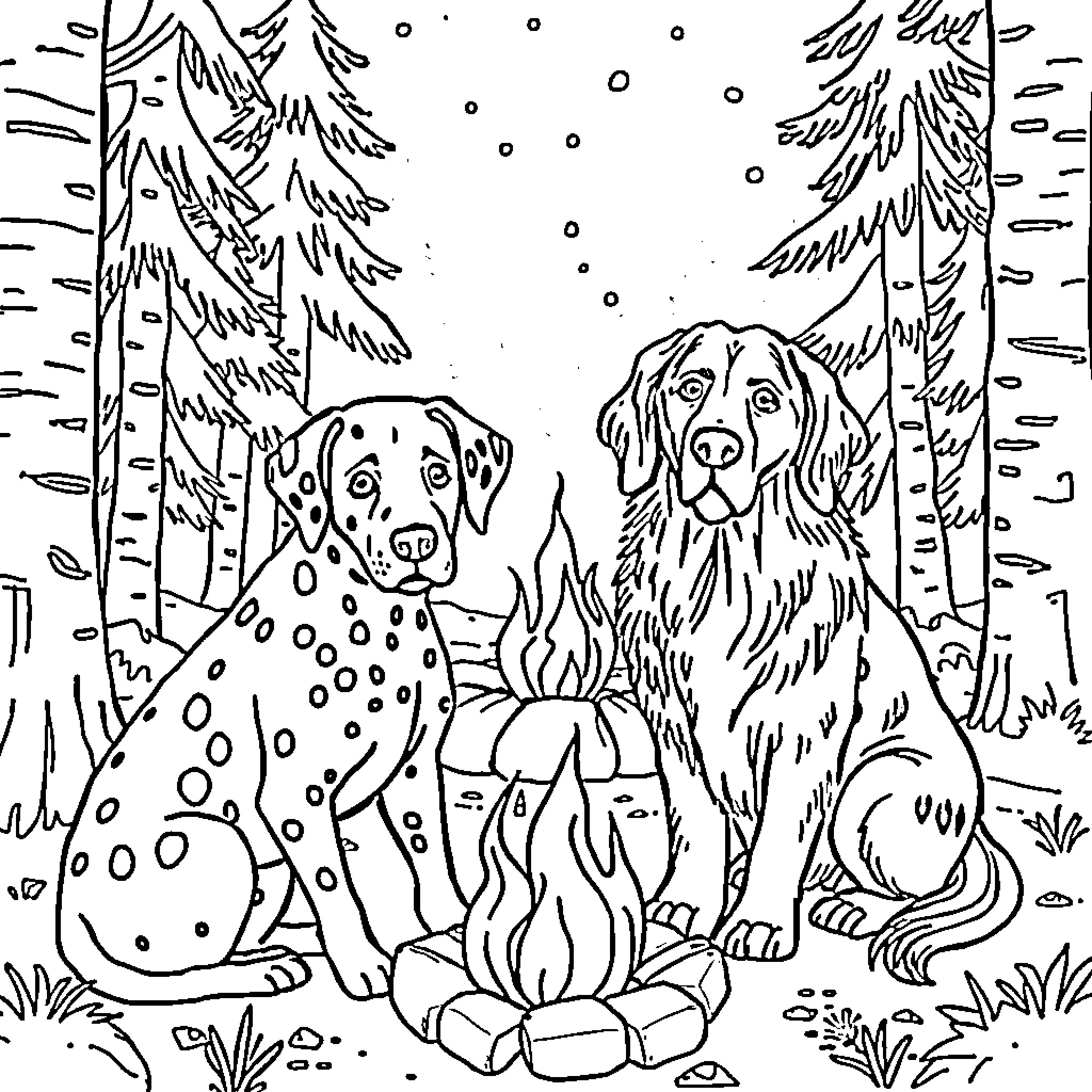 Dog Sitting Happily in Snowy Forest Coloring Page (free black-and-white line drawing printable PDF for all, from beginners to advanced learners, including children, teens, adults, and seniors)