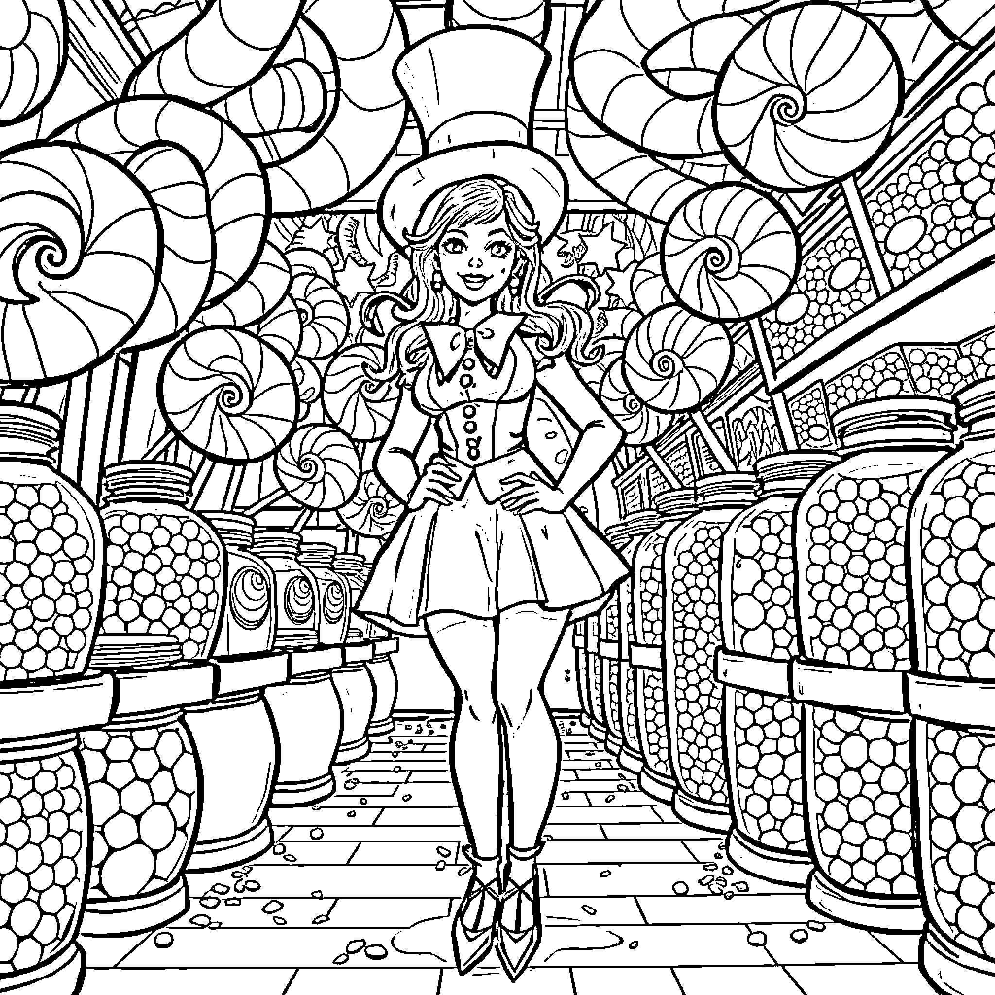 Pinup Girl in a Whimsical Candy-Filled Wonderland Coloring Page (free black-and-white line drawing printable PDF for all, from beginners to advanced learners, including children, teens, adults, and seniors)