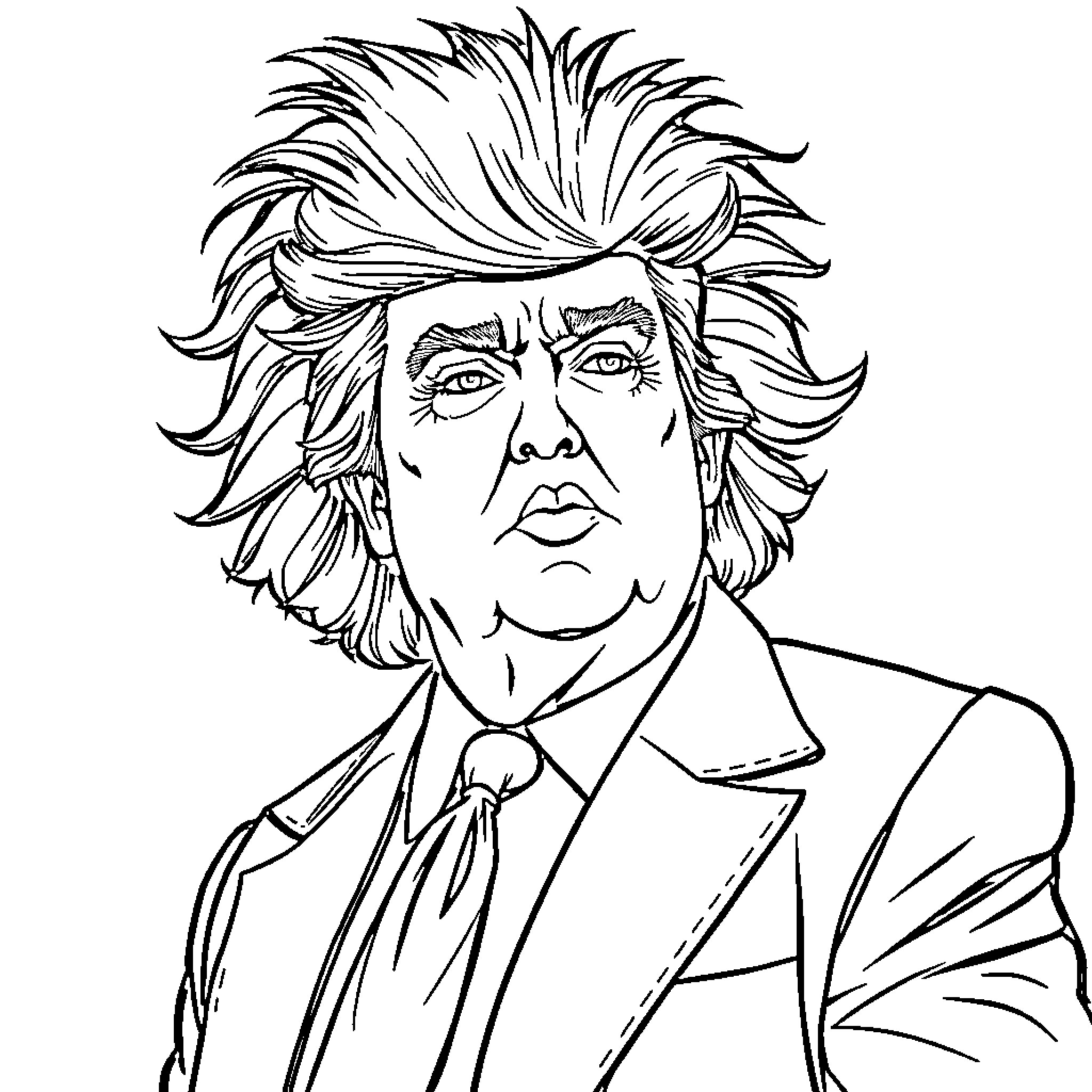 Donald Trump in a Suit with Distinctive Hair Coloring Page (free black-and-white line drawing printable PDF for all, from beginners to advanced learners, including children, teens, adults, and seniors)