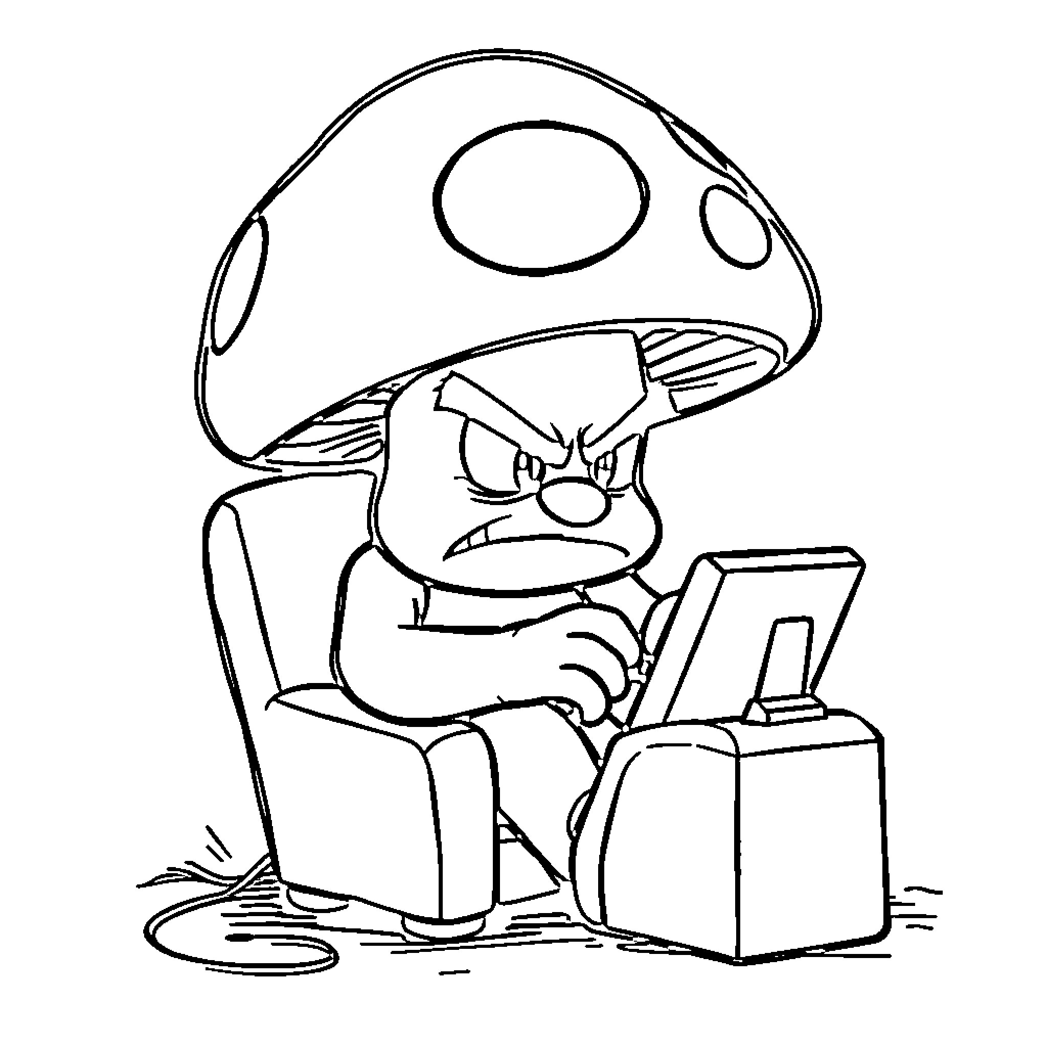 Mushroom-shaped character angrily using laptop computer Coloring Page (free black-and-white line drawing printable PDF for all, from beginners to advanced learners, including children, teens, adults, and seniors)