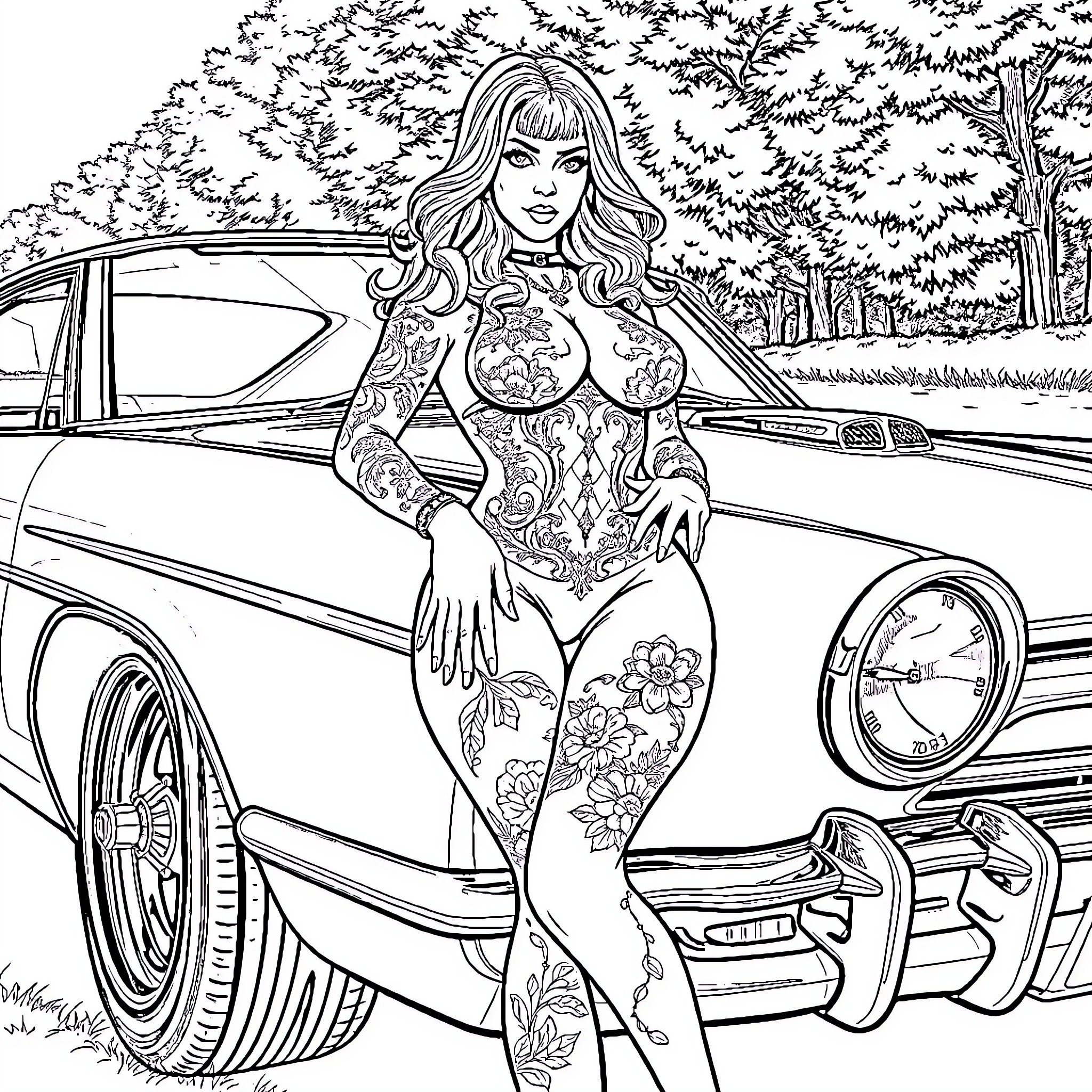 Model Posing with Tattooed Body in Front of Classic Car Coloring Page (free black-and-white line drawing printable PDF for all, from beginners to advanced learners, including children, teens, adults, and seniors)