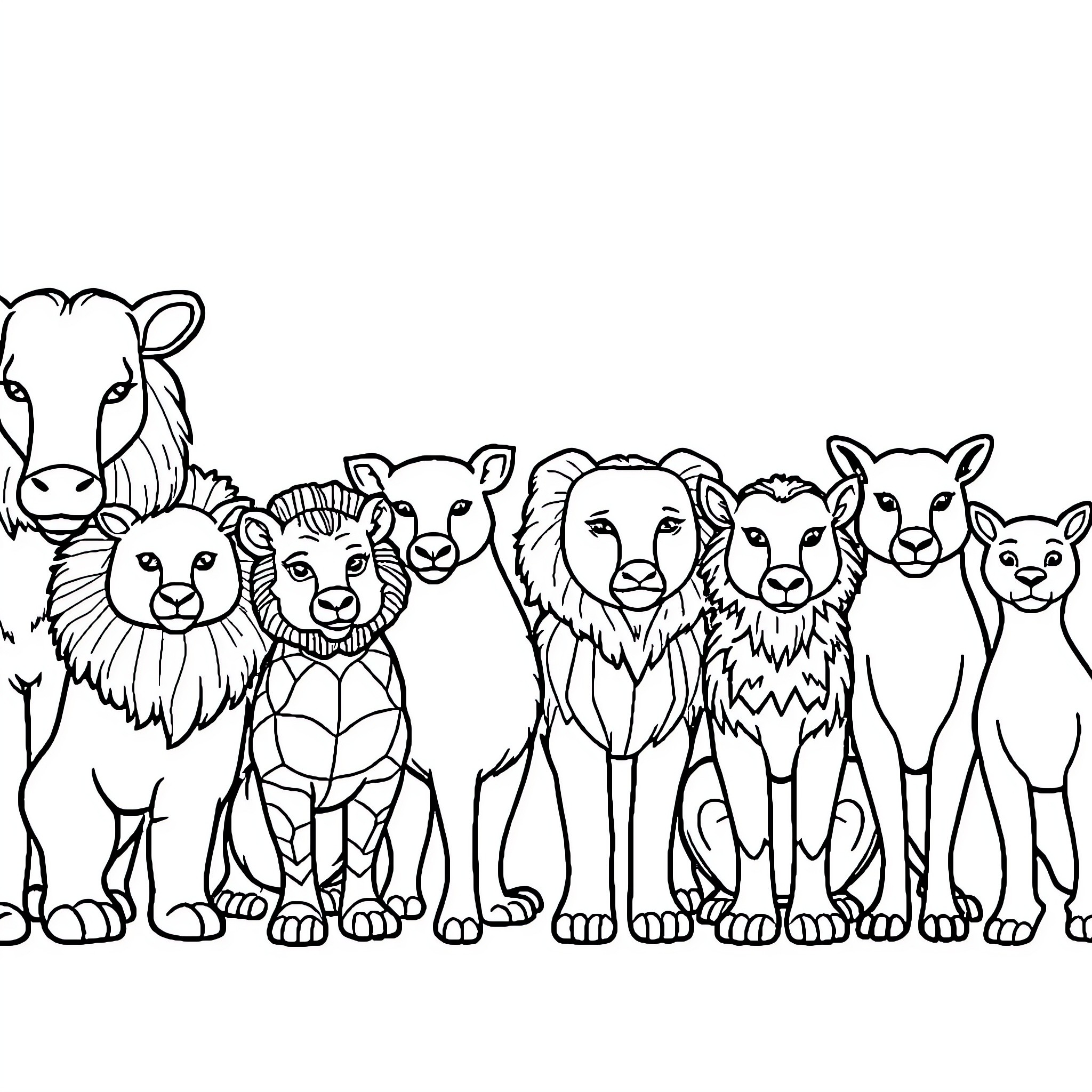 Animal group of different wild creatures Coloring Page (free black-and-white line drawing printable PDF for all, from beginners to advanced learners, including children, teens, adults, and seniors)
