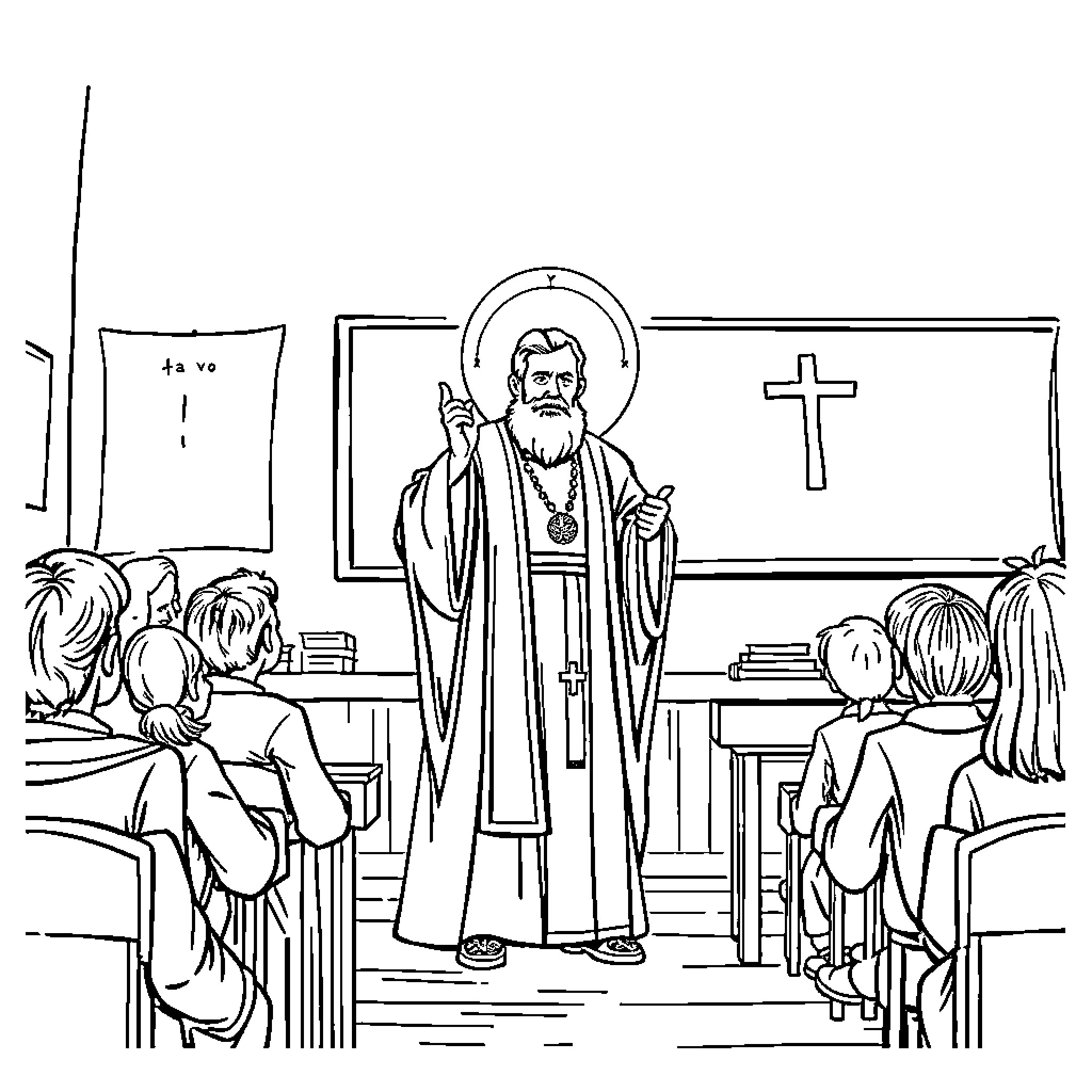 Priest leading a church service with congregation Coloring Page (free black-and-white line drawing printable PDF for all, from beginners to advanced learners, including children, teens, adults, and seniors)