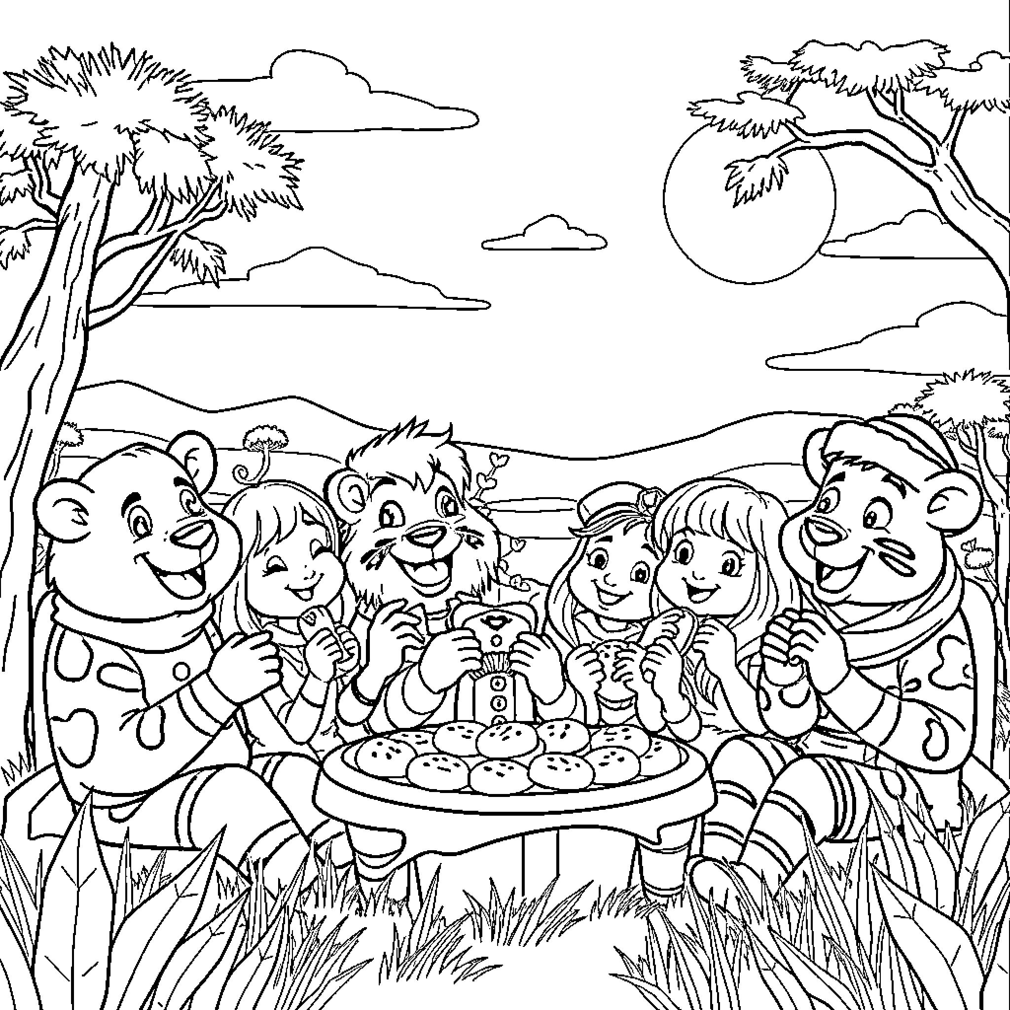 Safari family picnicking in the wilderness Coloring Page (free black-and-white line drawing printable PDF for all, from beginners to advanced learners, including children, teens, adults, and seniors)
