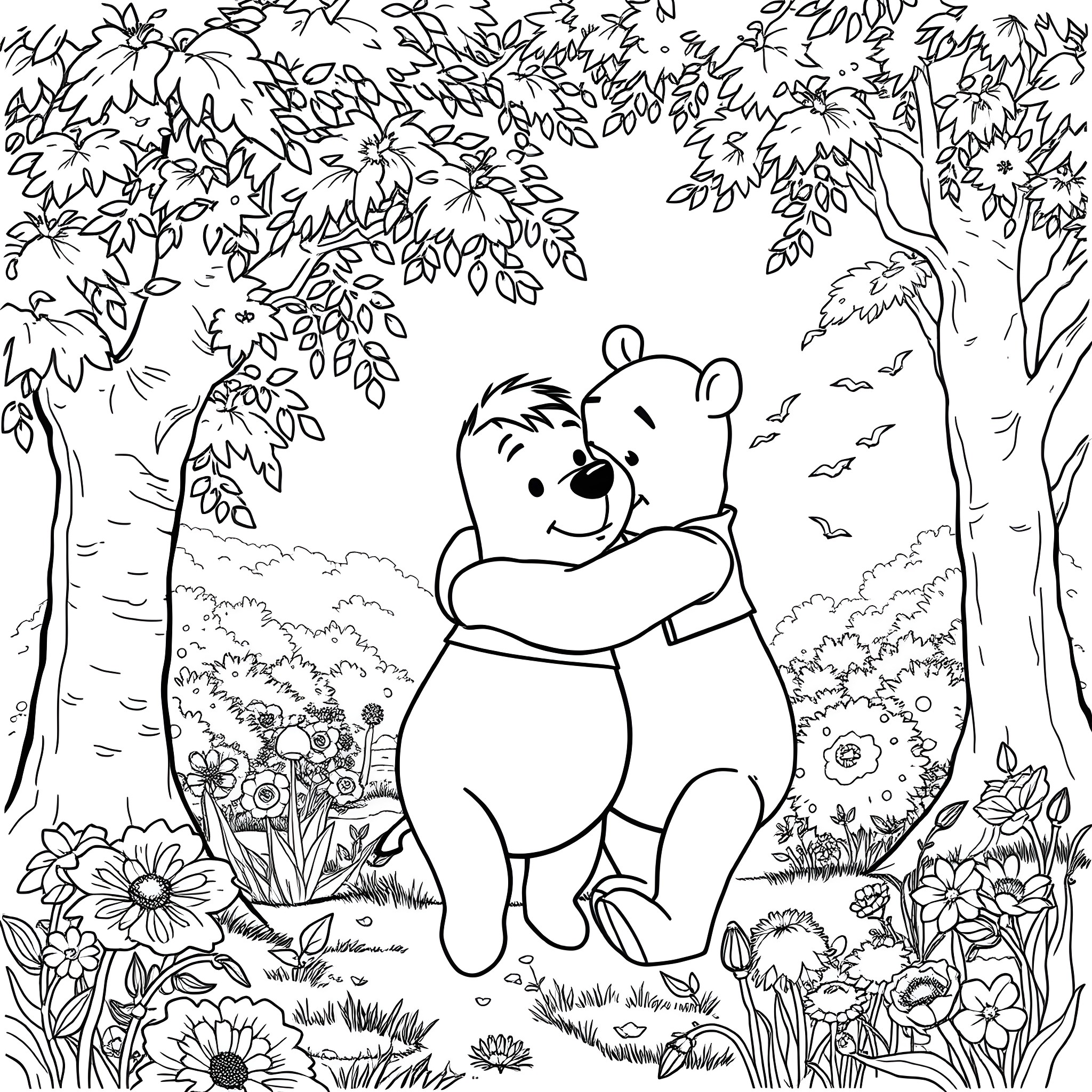 Winnie The Pooh exploring the forest Coloring Page (free black-and-white line drawing printable PDF for all, from beginners to advanced learners, including children, teens, adults, and seniors)