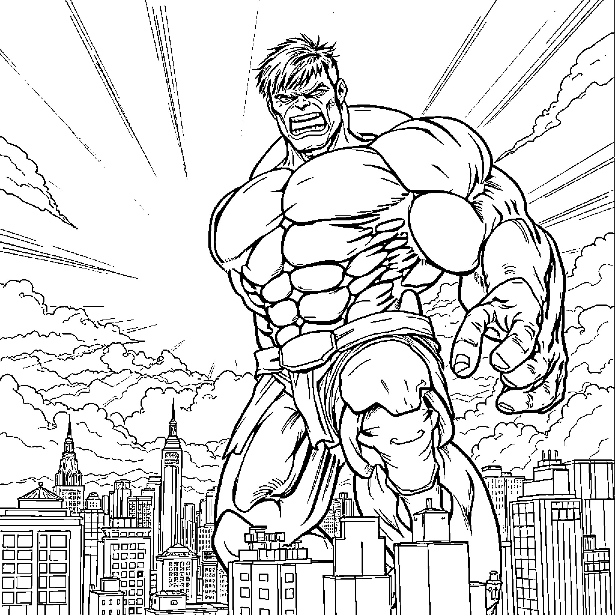 Hulk Smashing Through City Skyline Coloring Page (free black-and-white line drawing printable PDF for all, from beginners to advanced learners, including children, teens, adults, and seniors)