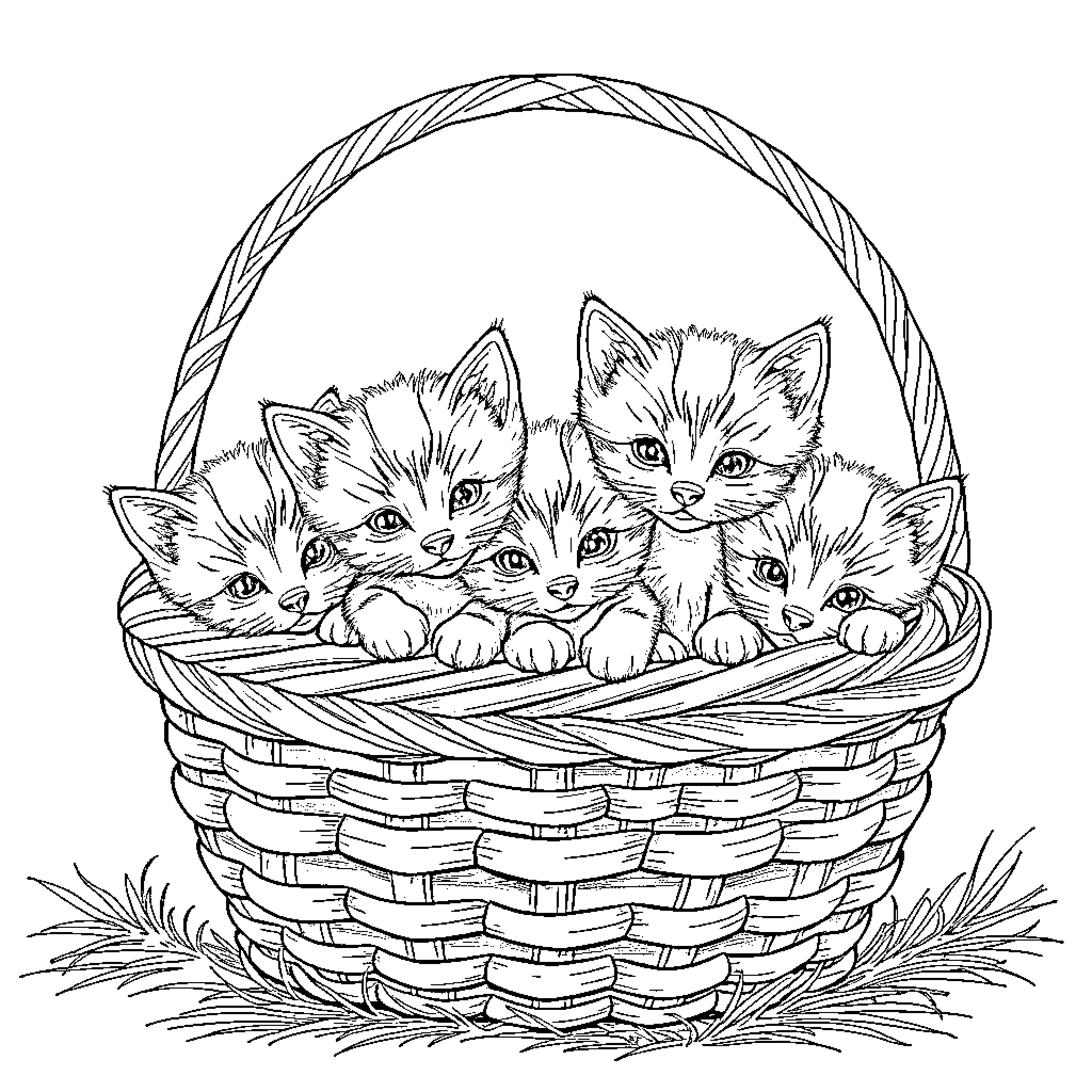 Kittens nestled cozily in a wicker basket Coloring Page (free black-and-white line drawing printable PDF for all, from beginners to advanced learners, including children, teens, adults, and seniors)