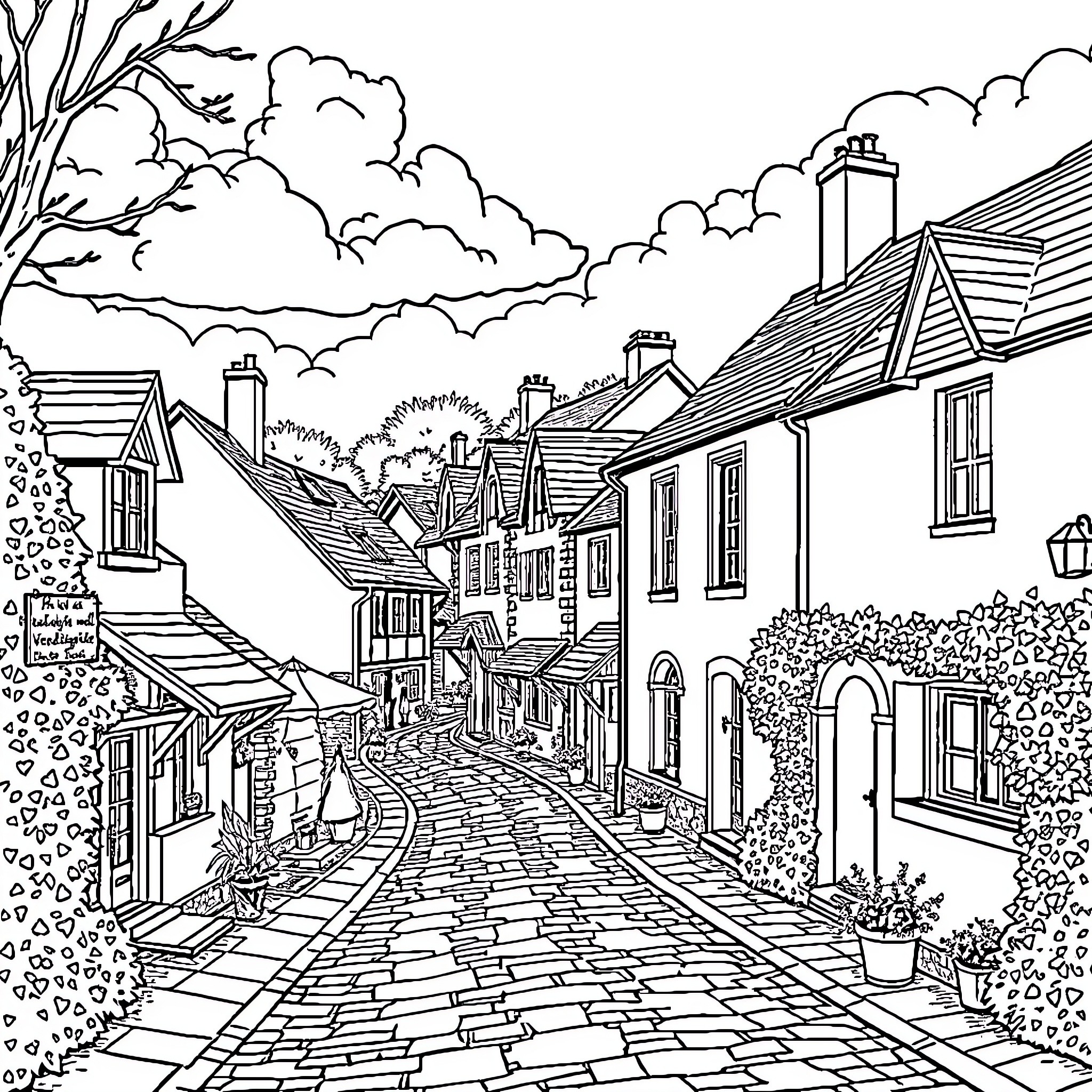 Vendlincourt: Quaint Village Street with Charming Architecture Coloring Page (free black-and-white line drawing printable PDF for all, from beginners to advanced learners, including children, teens, adults, and seniors)