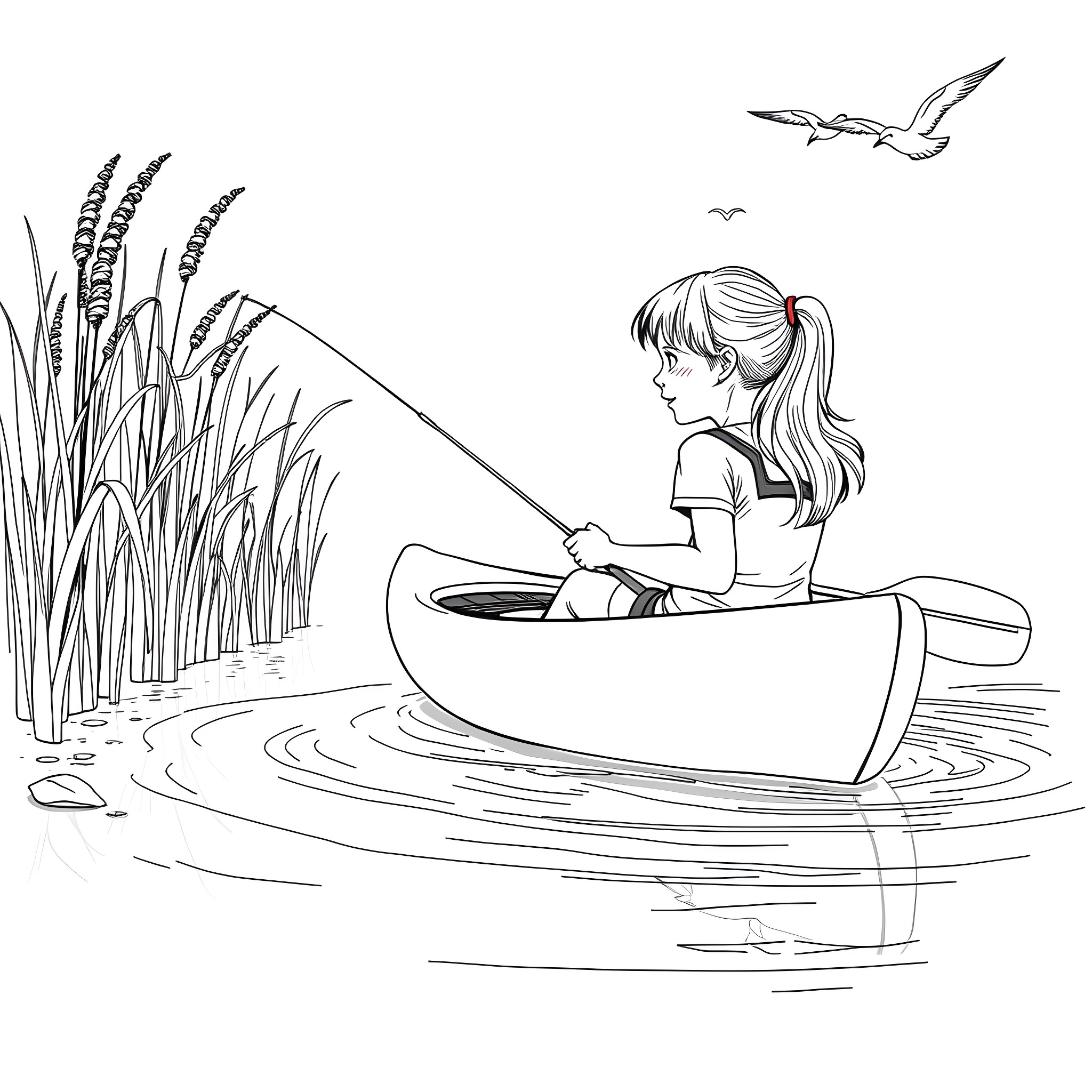 Girl rowing a boat in a serene natural setting Coloring Page (free black-and-white line drawing printable PDF for all, from beginners to advanced learners, including children, teens, adults, and seniors)