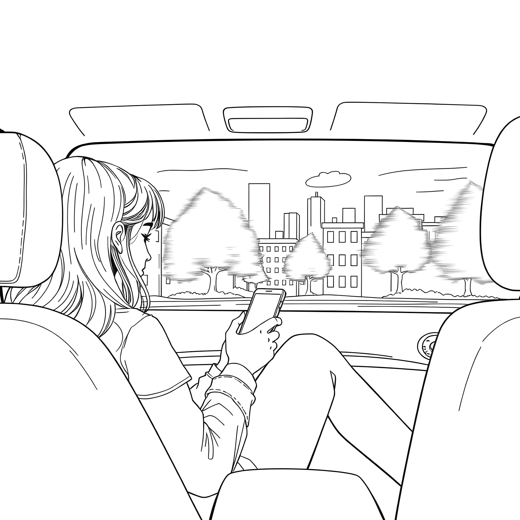 Teen Girl Looks Out at City Skyline from Car Window Coloring Page (free black-and-white line drawing printable PDF for all, from beginners to advanced learners, including children, teens, adults, and seniors)