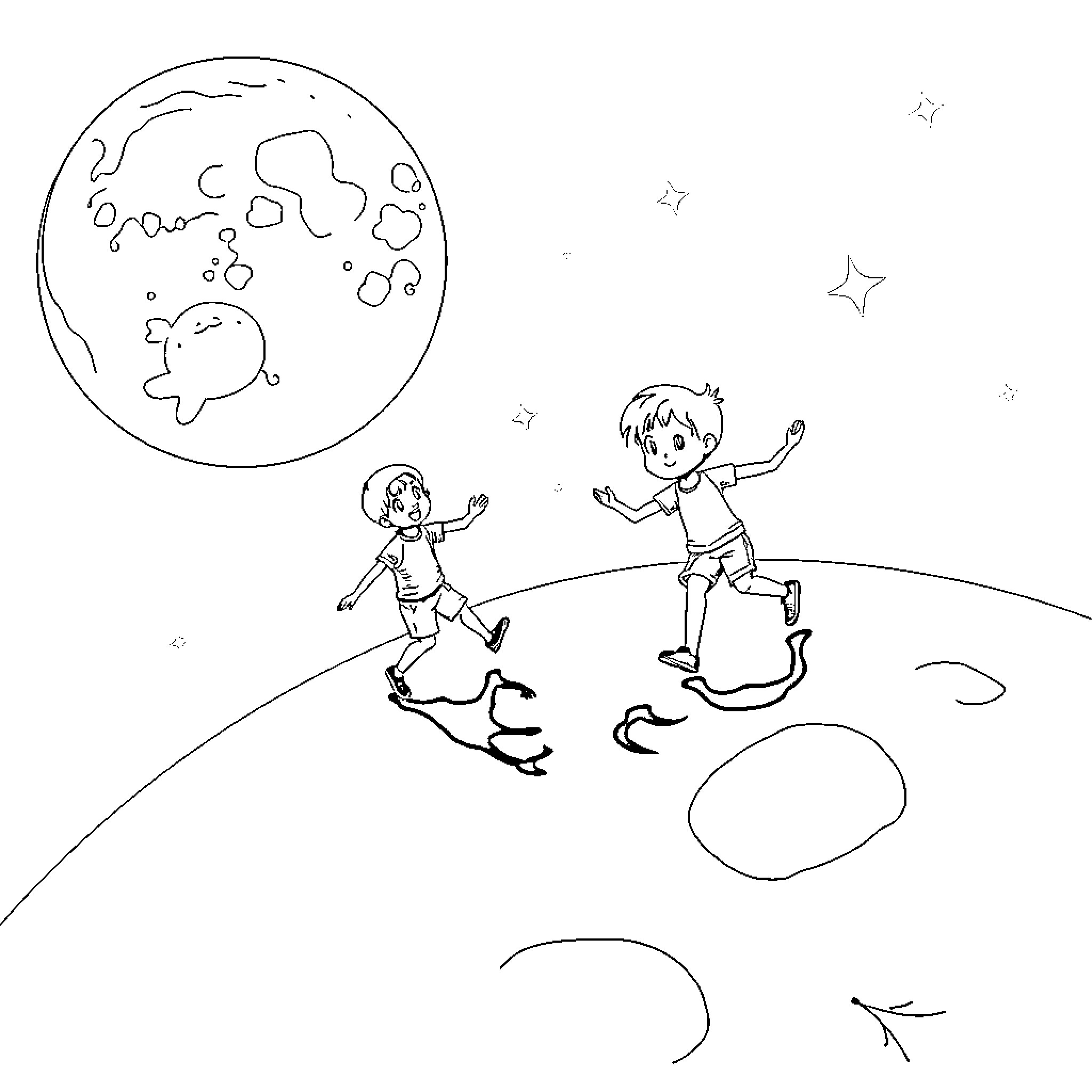 Kid playing astronauts on the moon Coloring Page (free black-and-white line drawing printable PDF for all, from beginners to advanced learners, including children, teens, adults, and seniors)