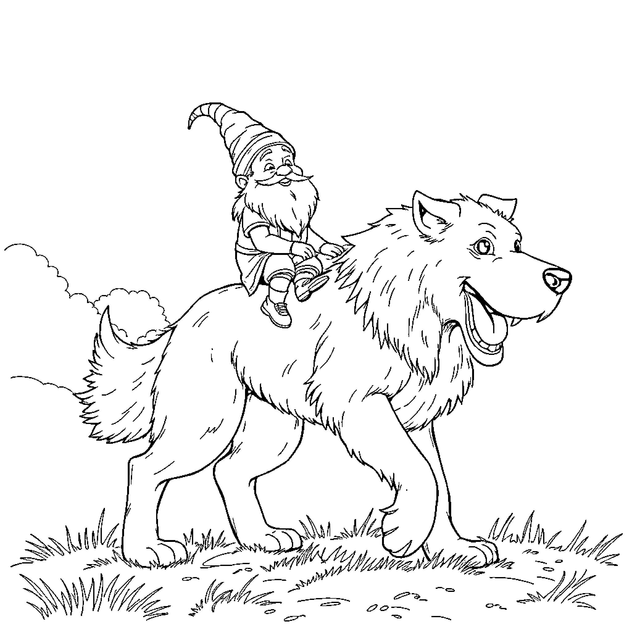 Dwarf riding happily on the back of a wolf Coloring Page (free black-and-white line drawing printable PDF for all, from beginners to advanced learners, including children, teens, adults, and seniors)