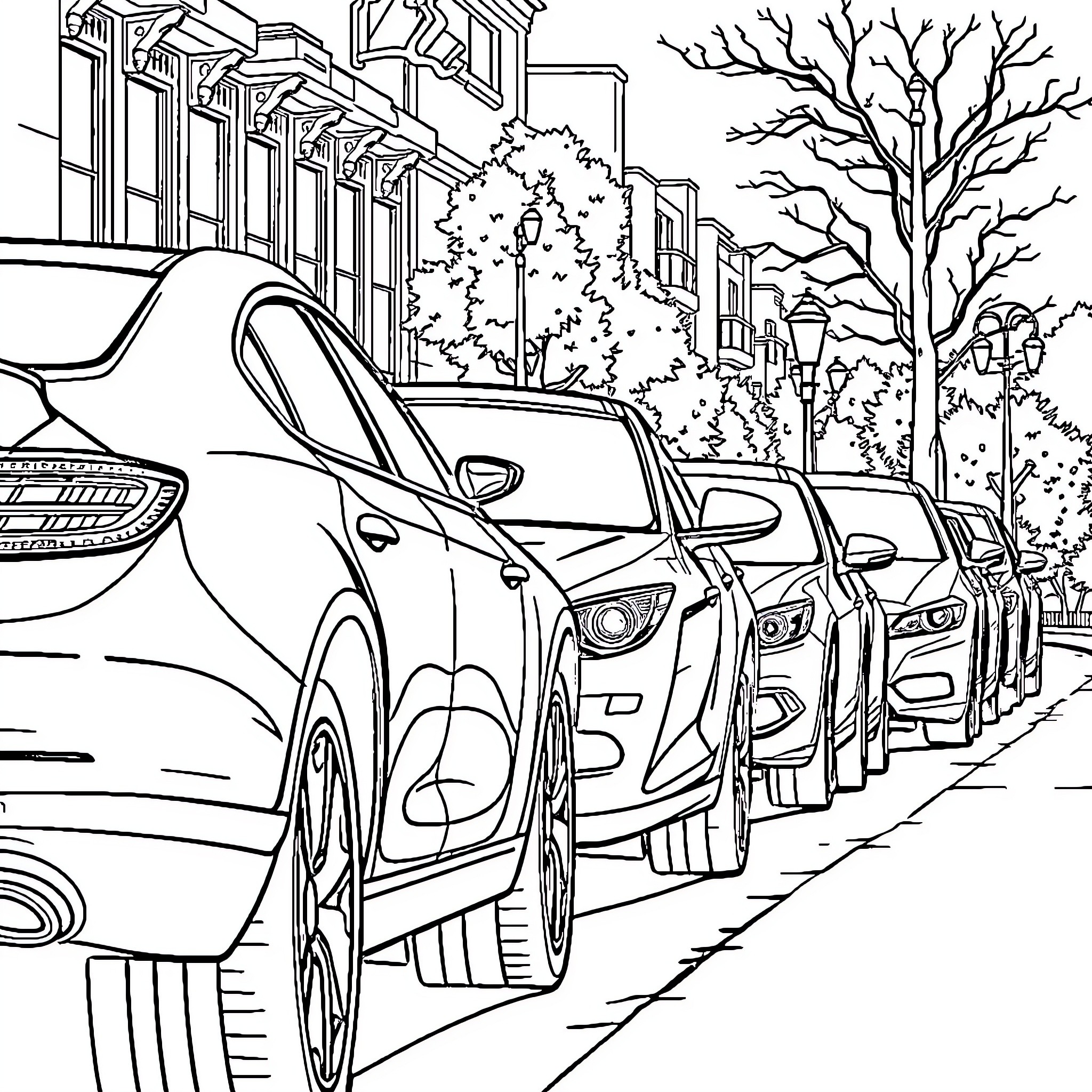 Car parked along the city street scene Coloring Page (free black-and-white line drawing printable PDF for all, from beginners to advanced learners, including children, teens, adults, and seniors)