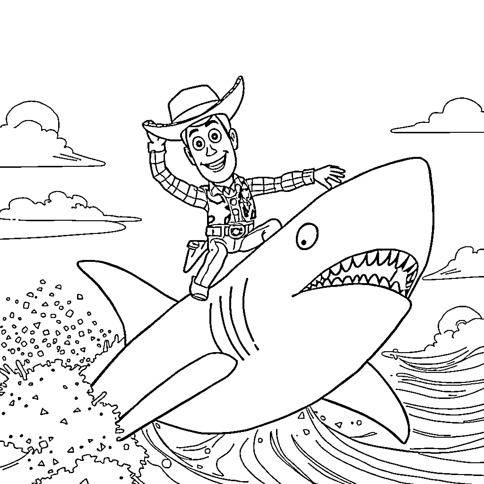 Woody's Exciting Adventure with the Shark Coloring Page (free black-and-white line drawing printable PDF for all, from beginners to advanced learners, including children, teens, adults, and seniors)