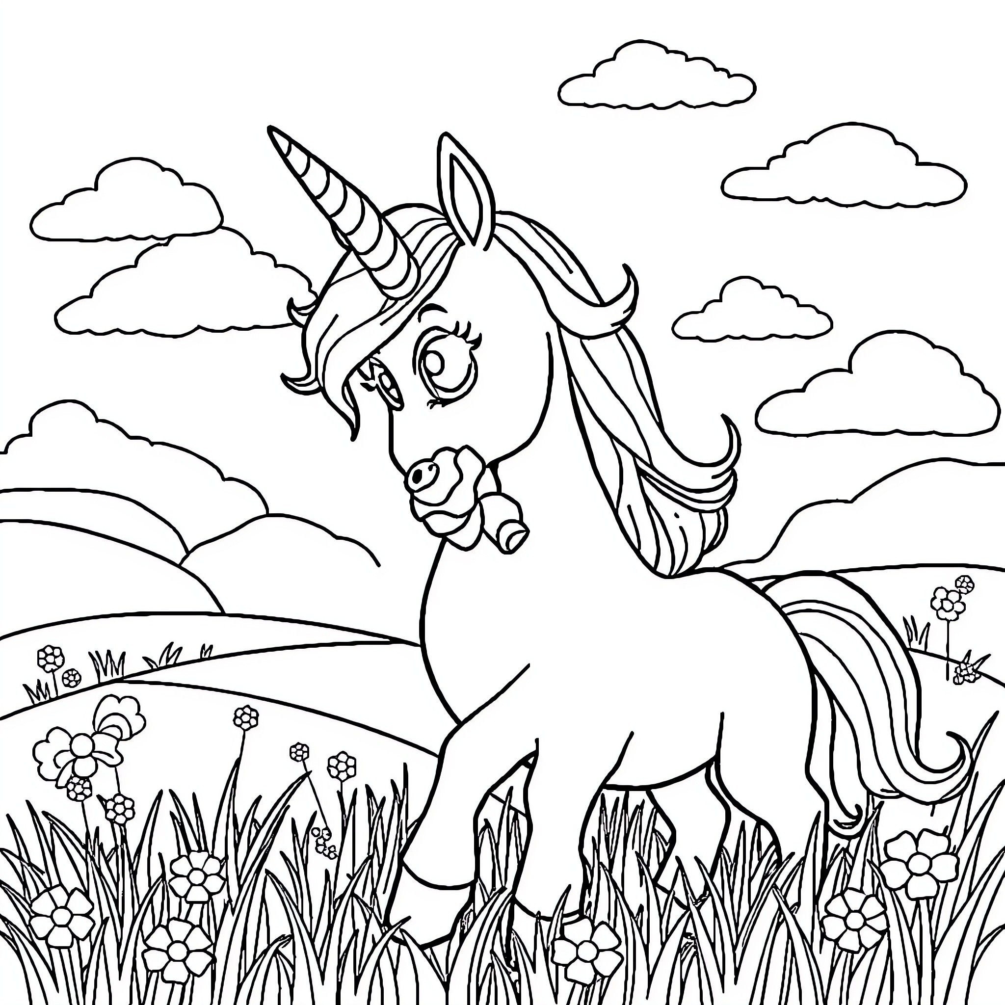 Unicorn prancing in a flowery meadow Coloring Page (free black-and-white line drawing printable PDF for all, from beginners to advanced learners, including children, teens, adults, and seniors)
