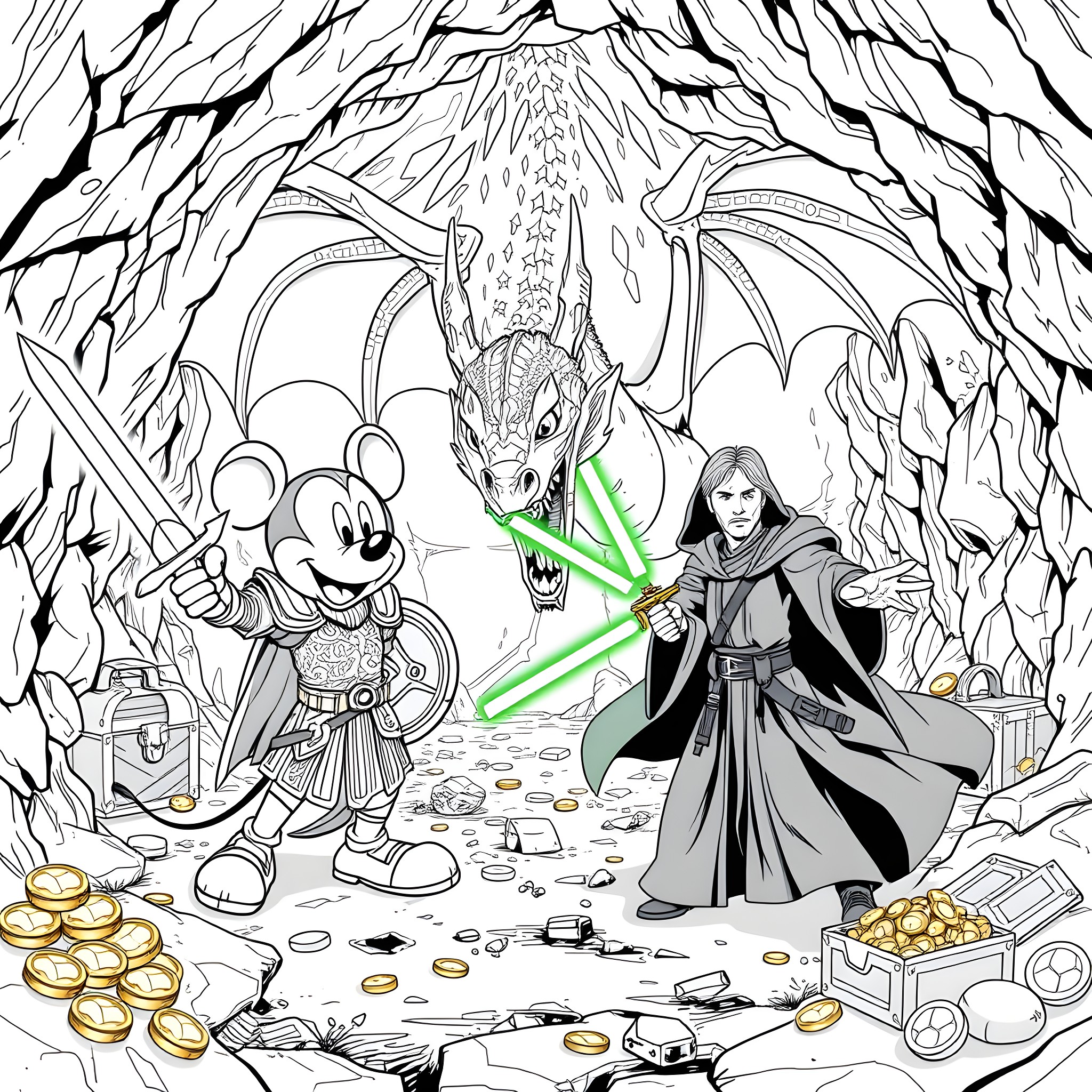 Mickey Mouse battles mythical dragon in fantasy realm Coloring Page (free black-and-white line drawing printable PDF for all, from beginners to advanced learners, including children, teens, adults, and seniors)