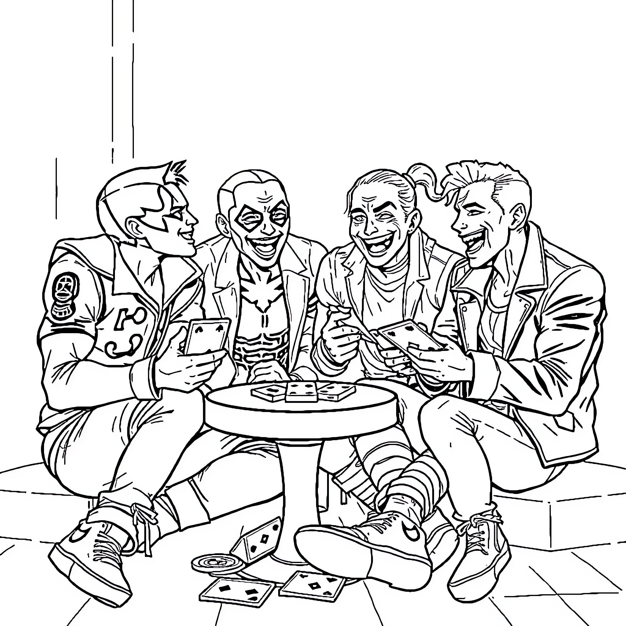 Suicide Squad members in a casual gathering Coloring Page (free black-and-white line drawing printable PDF for all, from beginners to advanced learners, including children, teens, adults, and seniors)