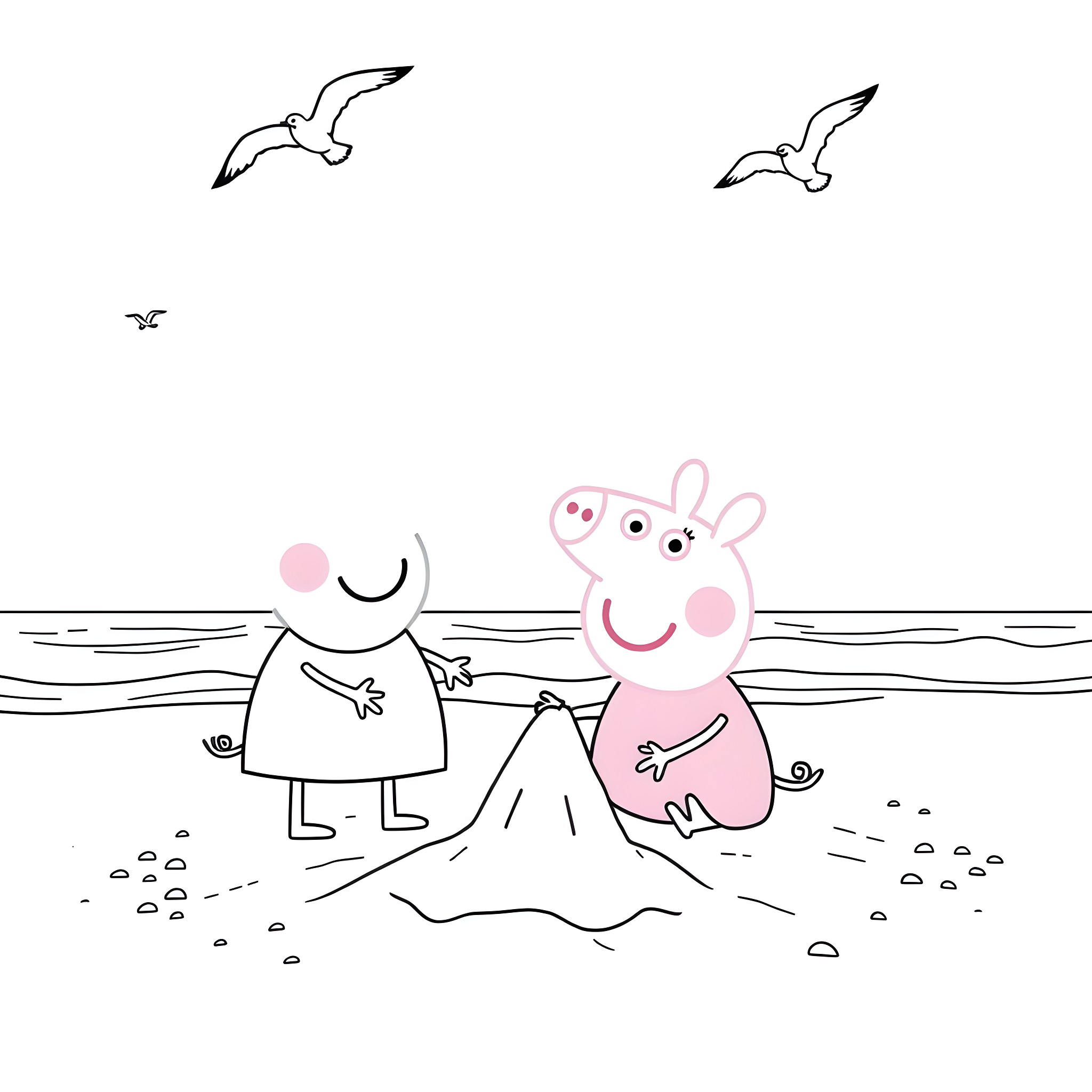 Peppa Pig playing at the beach with friends Coloring Page (free black-and-white line drawing printable PDF for all, from beginners to advanced learners, including children, teens, adults, and seniors)