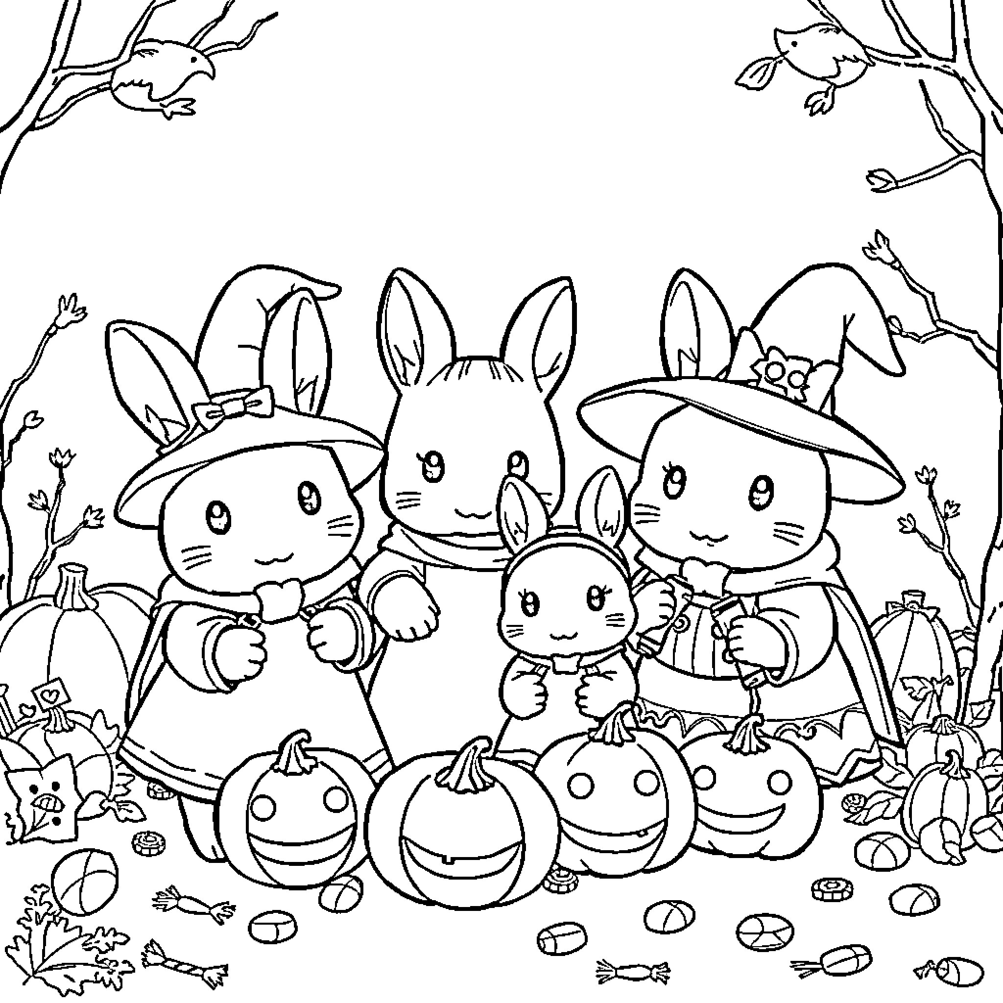 Sylvanian Family enjoying Halloween festivities Coloring Page (free black-and-white line drawing printable PDF for all, from beginners to advanced learners, including children, teens, adults, and seniors)