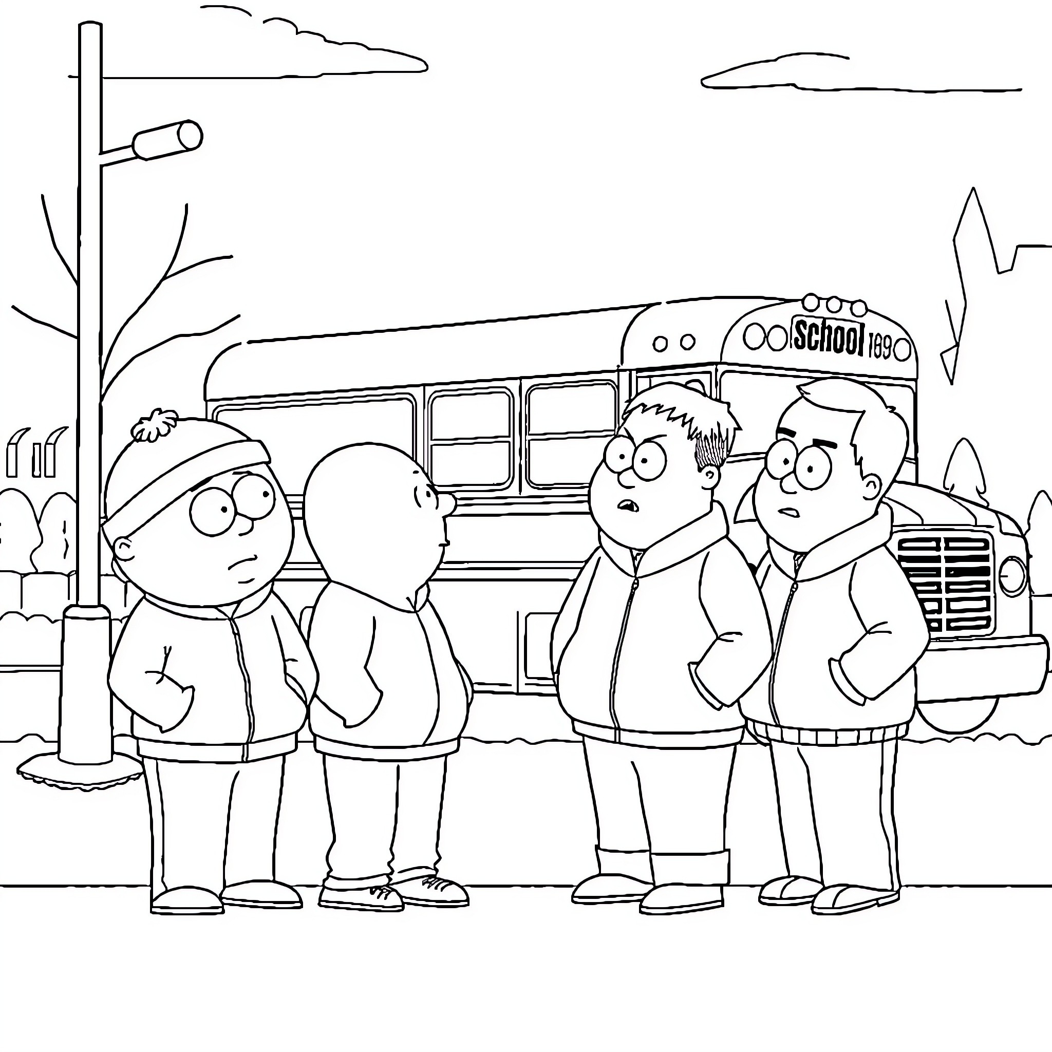 Cartman and friends waiting for the school bus Coloring Page (free black-and-white line drawing printable PDF for all, from beginners to advanced learners, including children, teens, adults, and seniors)