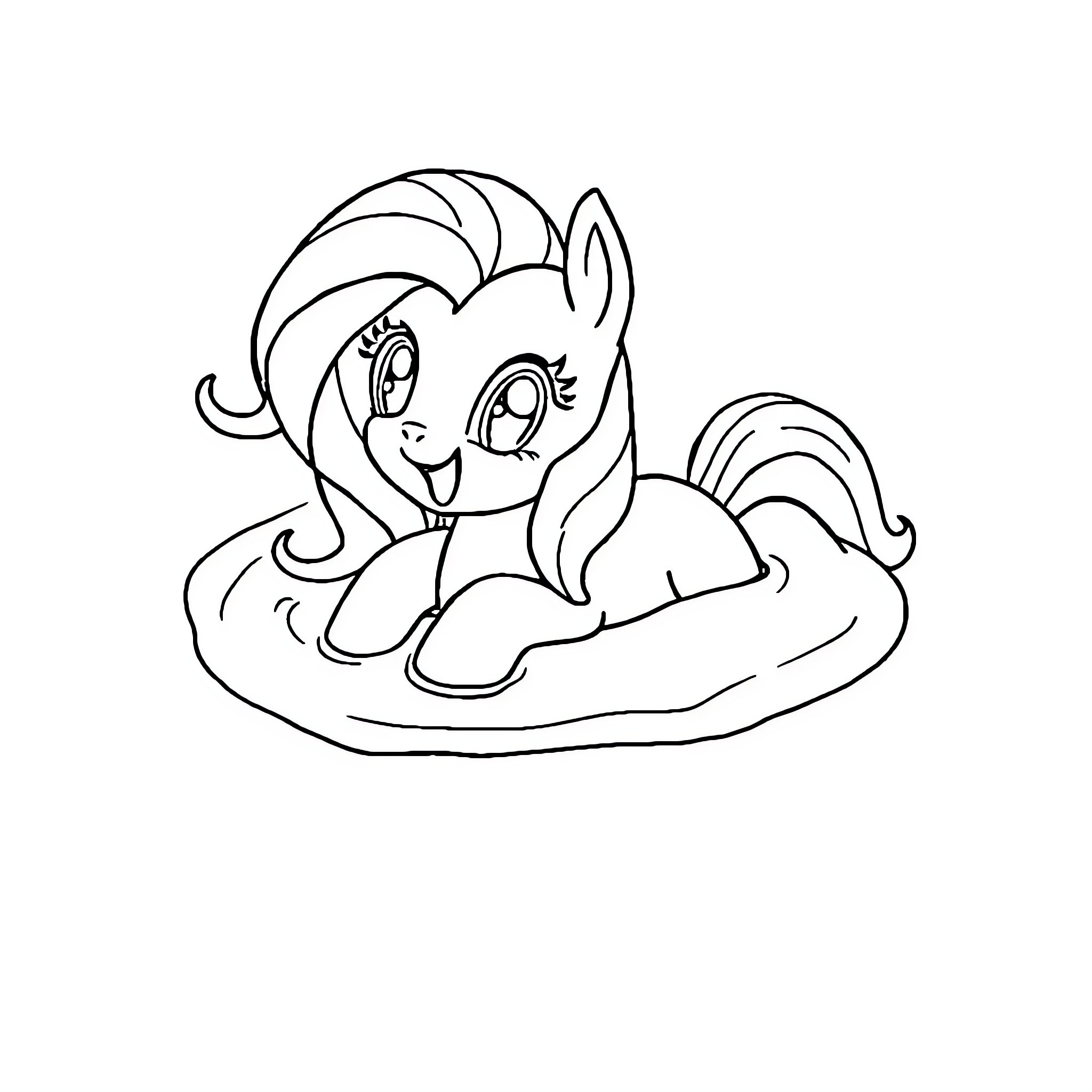 Pony resting on a cloud with a happy expression Coloring Page (free black-and-white line drawing printable PDF for all, from beginners to advanced learners, including children, teens, adults, and seniors)