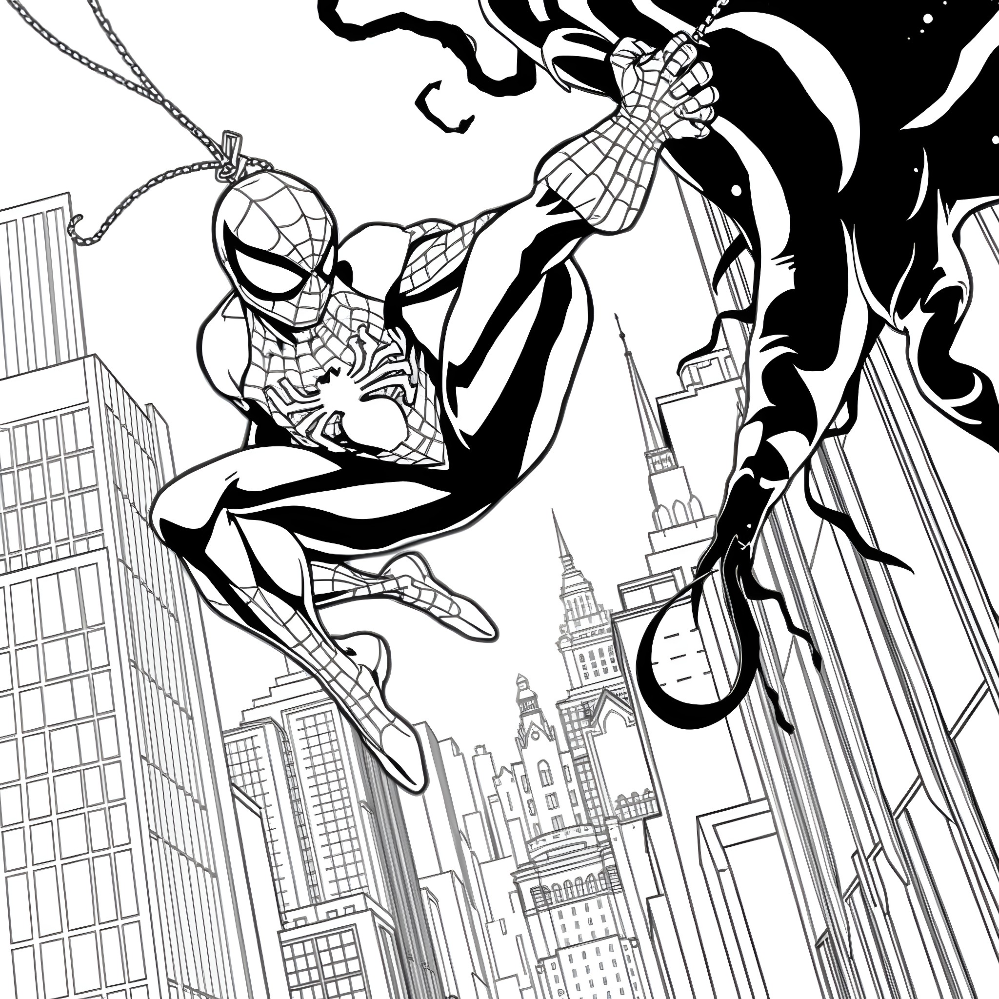 Spider-Man swinging heroically through the city Coloring Page (free black-and-white line drawing printable PDF for all, from beginners to advanced learners, including children, teens, adults, and seniors)
