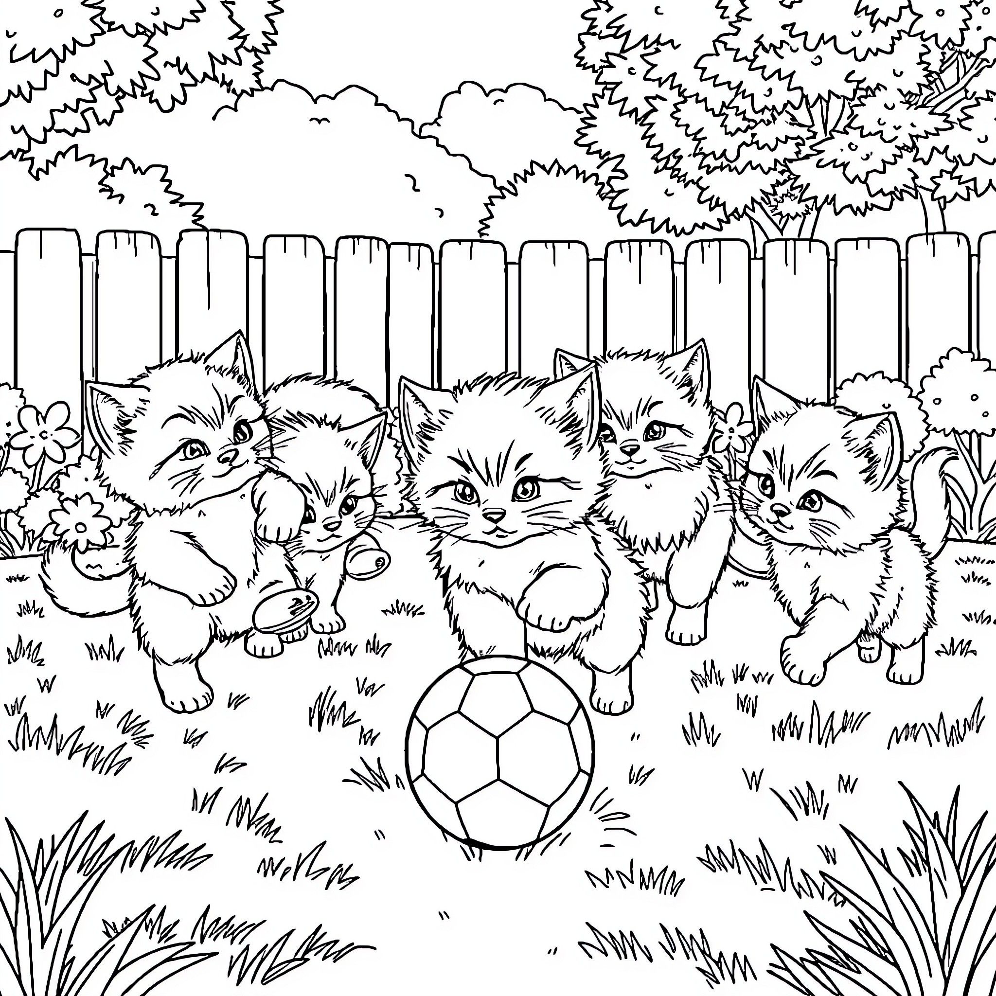 Kittens playing with a soccer ball in the yard Coloring Page (free black-and-white line drawing printable PDF for all, from beginners to advanced learners, including children, teens, adults, and seniors)