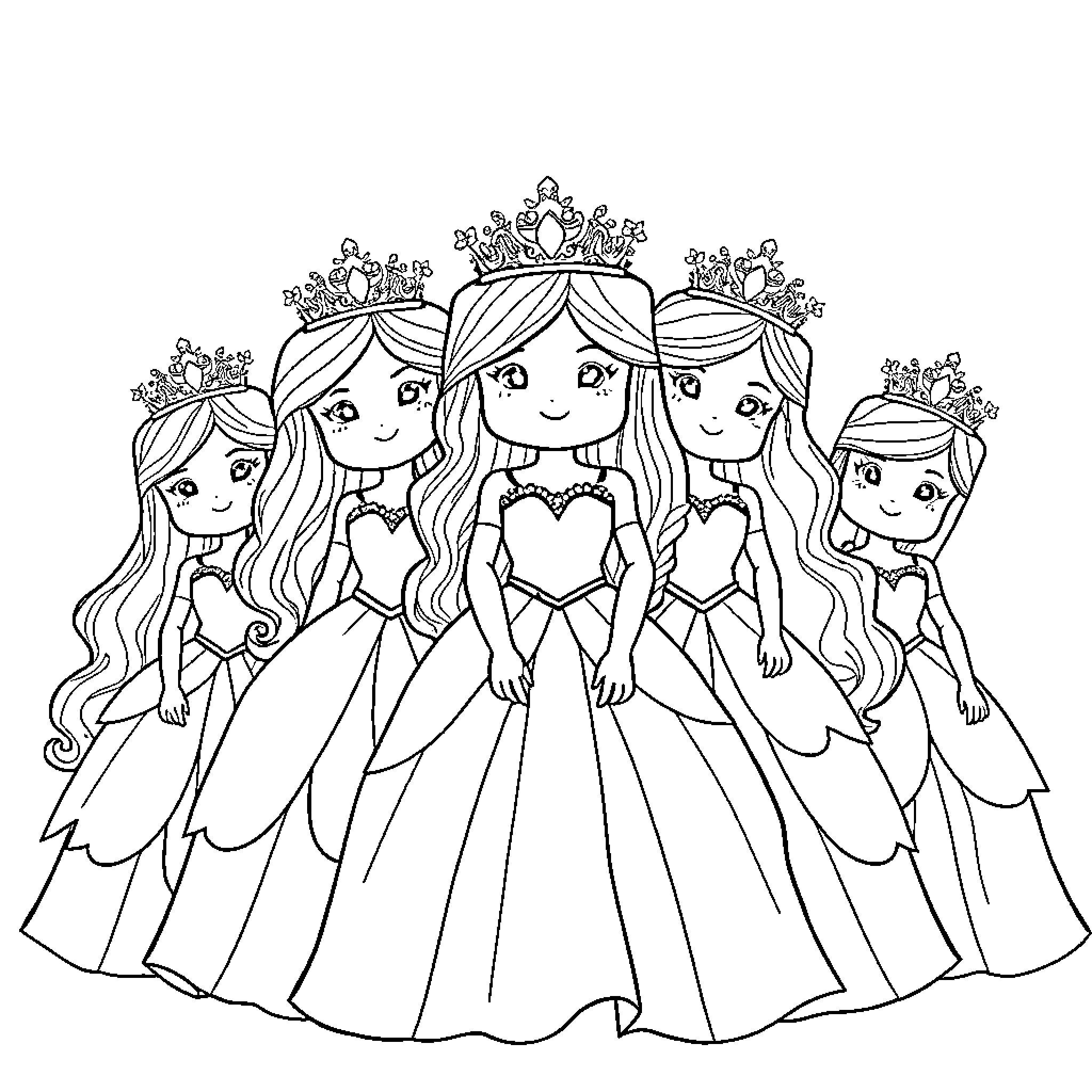 Princess Royalty Gathering in Elegant Dresses Coloring Page (free black-and-white line drawing printable PDF for all, from beginners to advanced learners, including children, teens, adults, and seniors)
