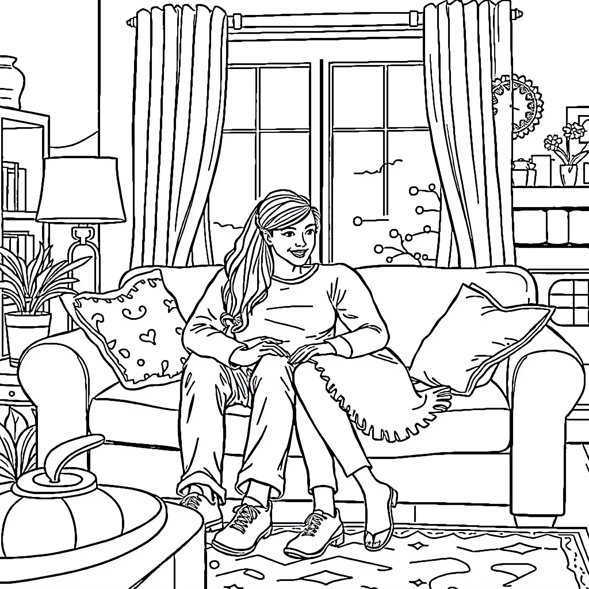Couple relaxing in cozy living room Coloring Page (free black-and-white line drawing printable PDF for all, from beginners to advanced learners, including children, teens, adults, and seniors)