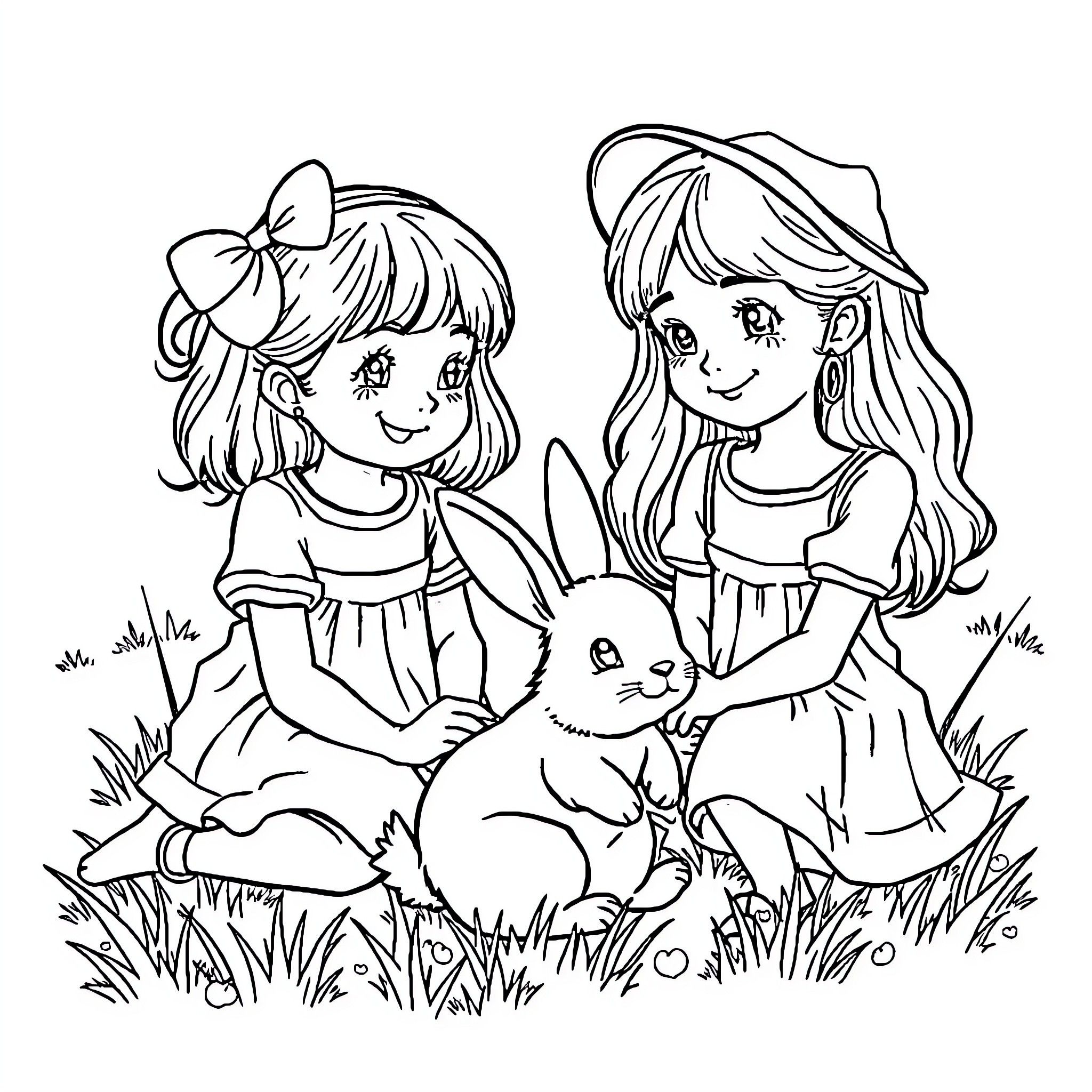 Girls Petting a Cute Bunny in a Grassy Field Coloring Page (free black-and-white line drawing printable PDF for all, from beginners to advanced learners, including children, teens, adults, and seniors)