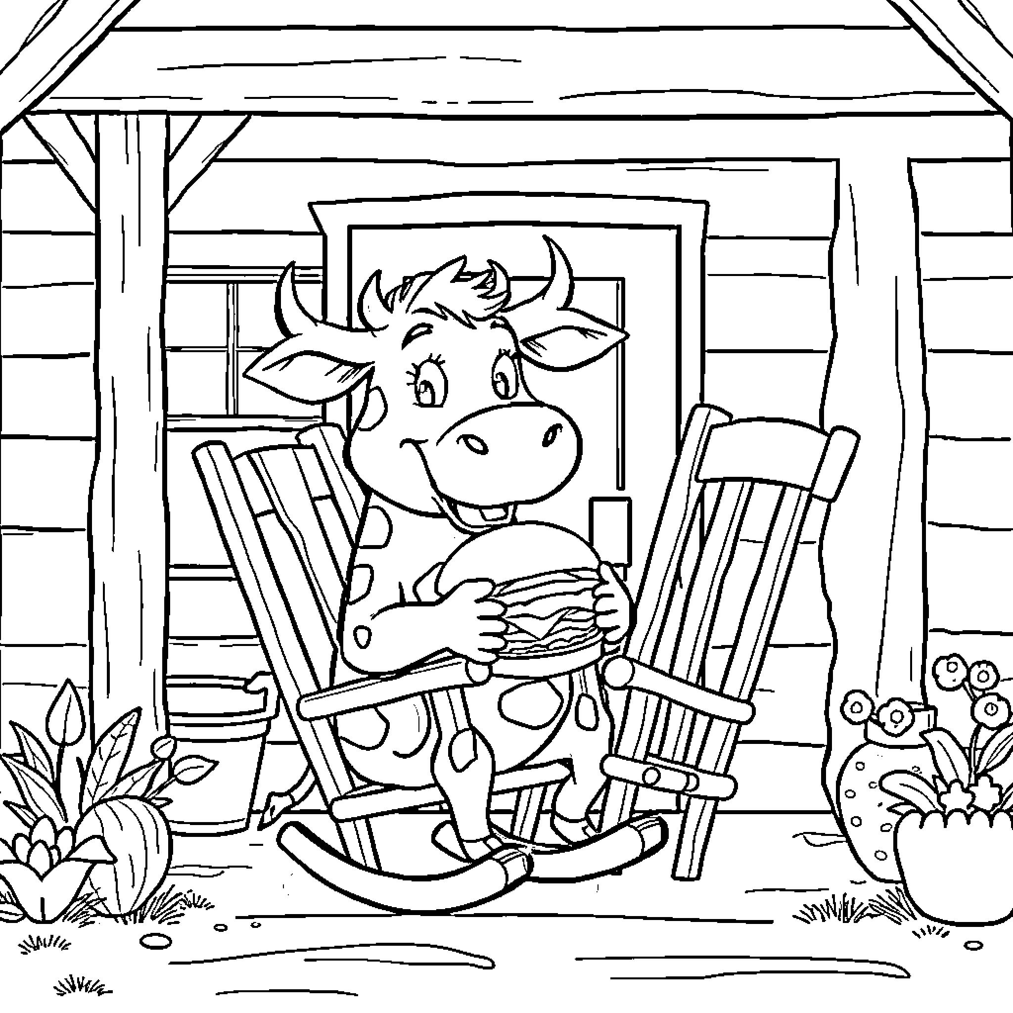 Cow relaxing on porch with book Coloring Page (free black-and-white line drawing printable PDF for all, from beginners to advanced learners, including children, teens, adults, and seniors)