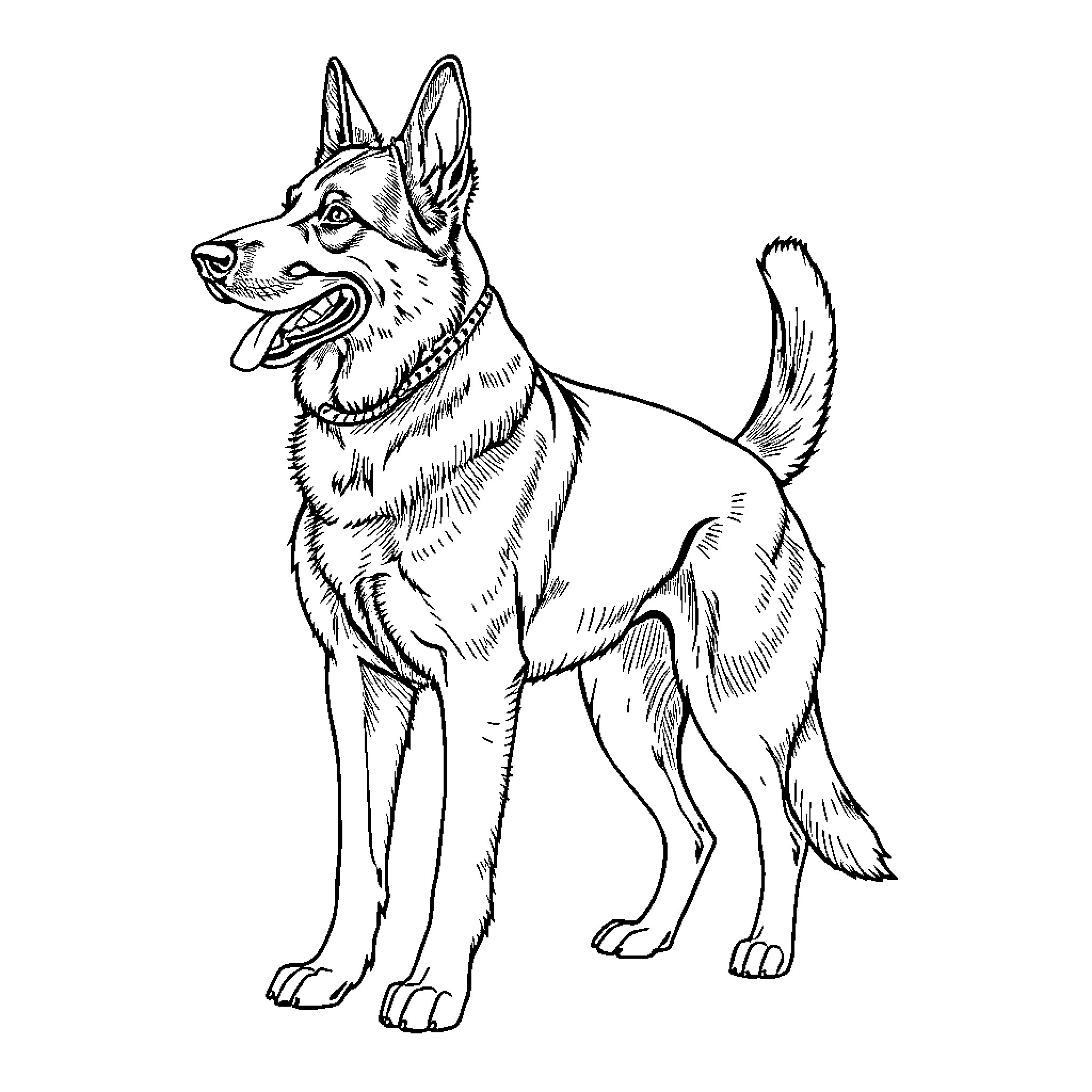 German Shepherd standing alert and attentive Coloring Page (free black-and-white line drawing printable PDF for all, from beginners to advanced learners, including children, teens, adults, and seniors)