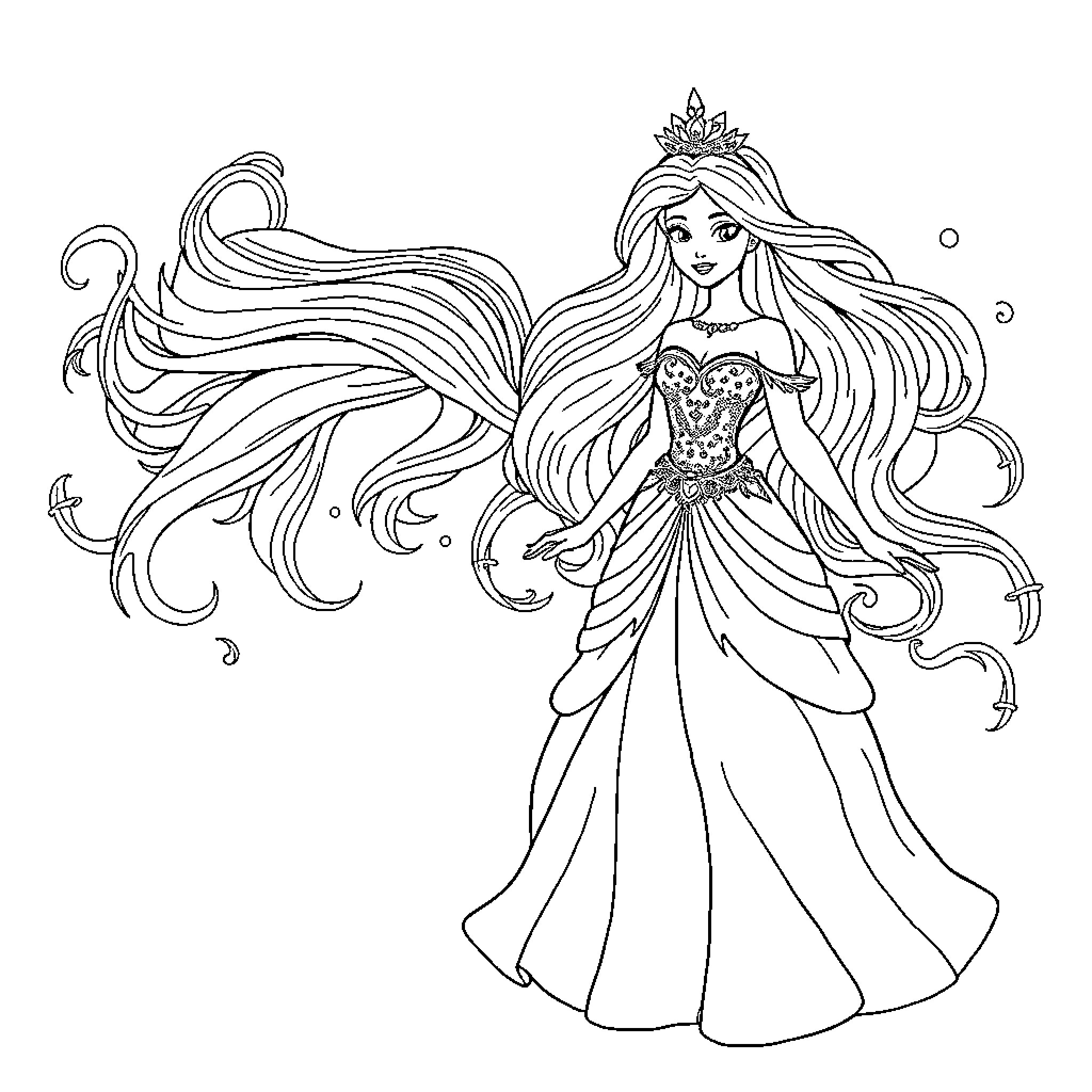 Princess in Graceful Ballroom Attire Coloring Page (free black-and-white line drawing printable PDF for all, from beginners to advanced learners, including children, teens, adults, and seniors)