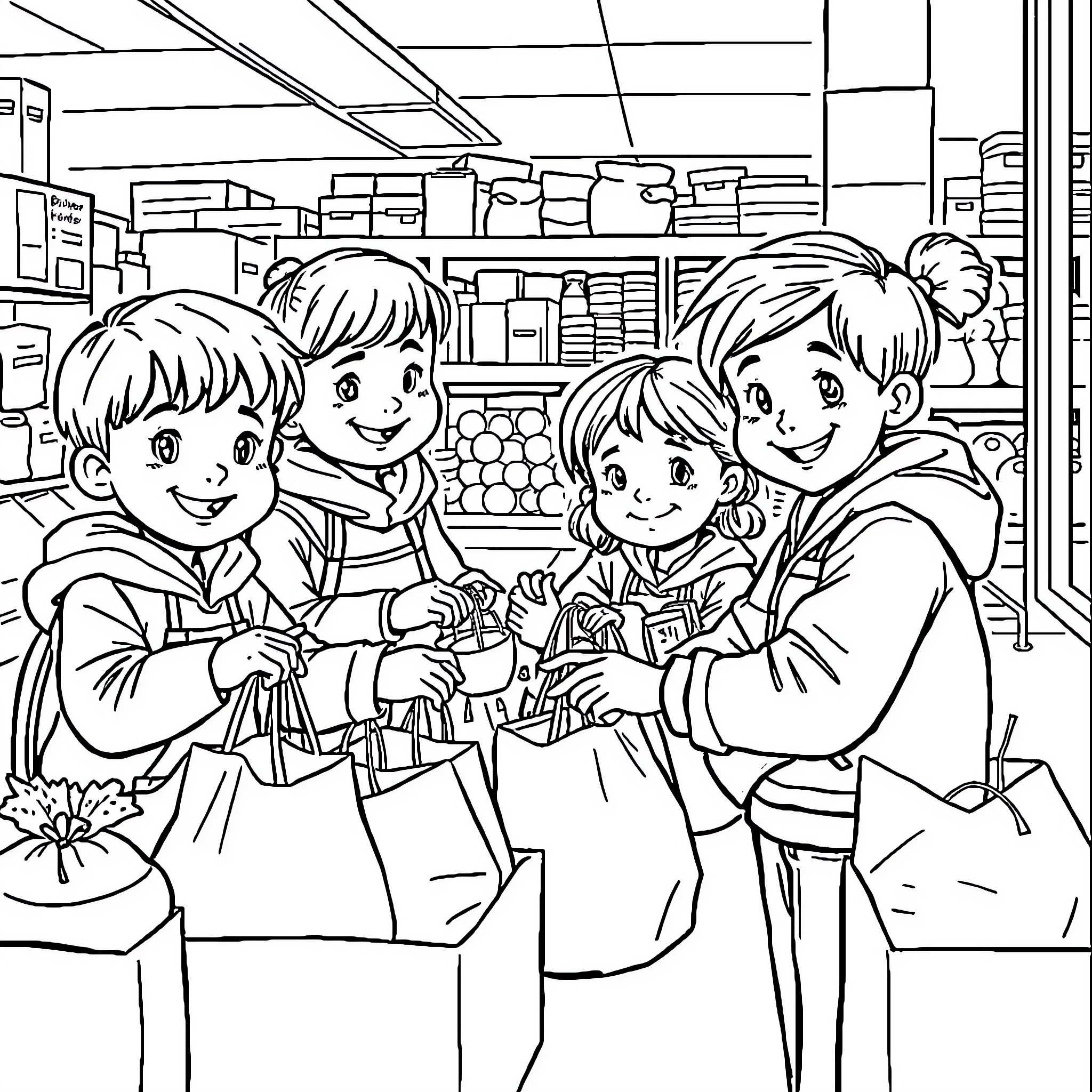 Child friends enjoying activities in a classroom Coloring Page (free black-and-white line drawing printable PDF for all, from beginners to advanced learners, including children, teens, adults, and seniors)